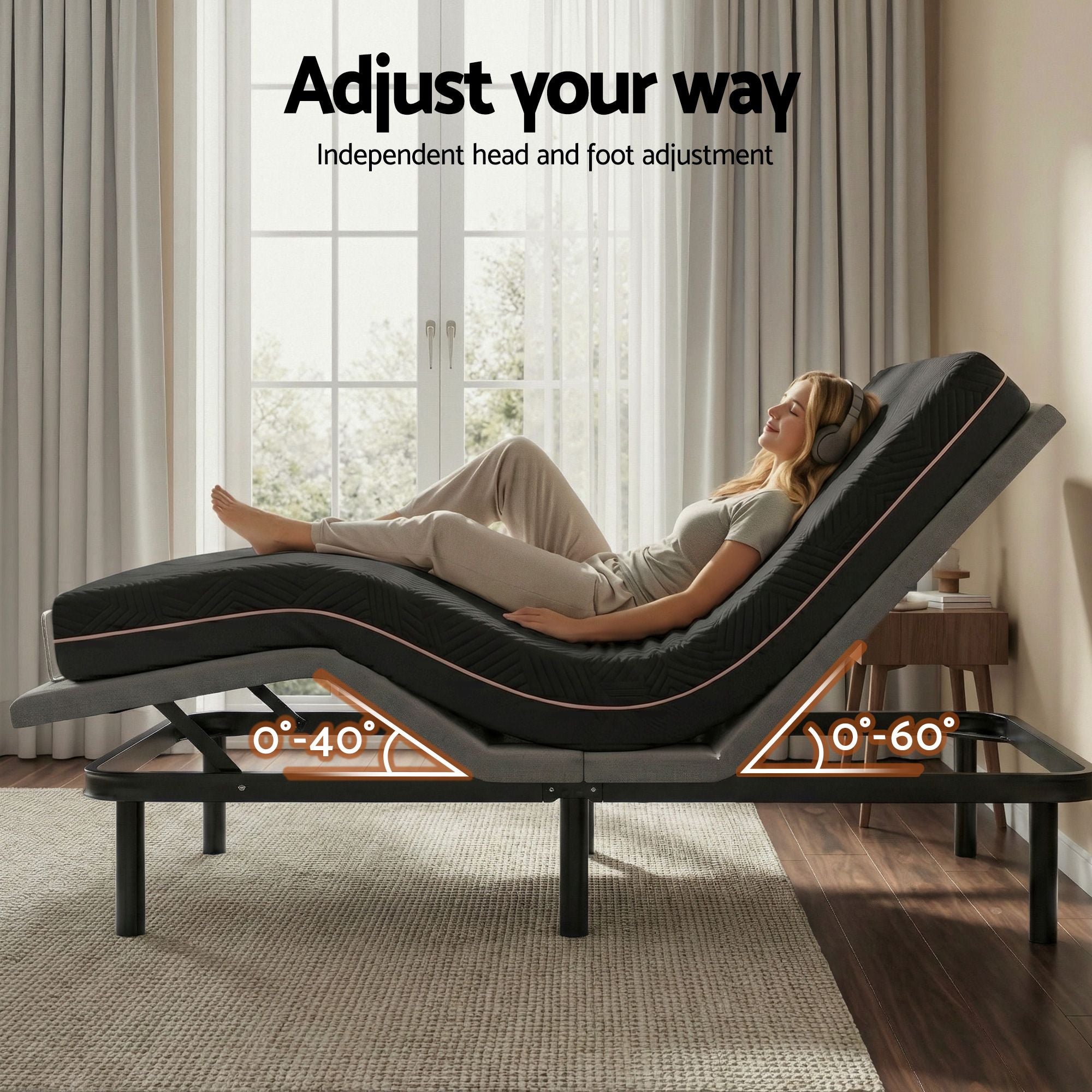 Double size bed frame with Giselle Bedding Double Mattress, adjustable bed Base Combo for Snoring Relief, Independent Head Foot Incline, Wireless Remote, Black,18cm Thickness