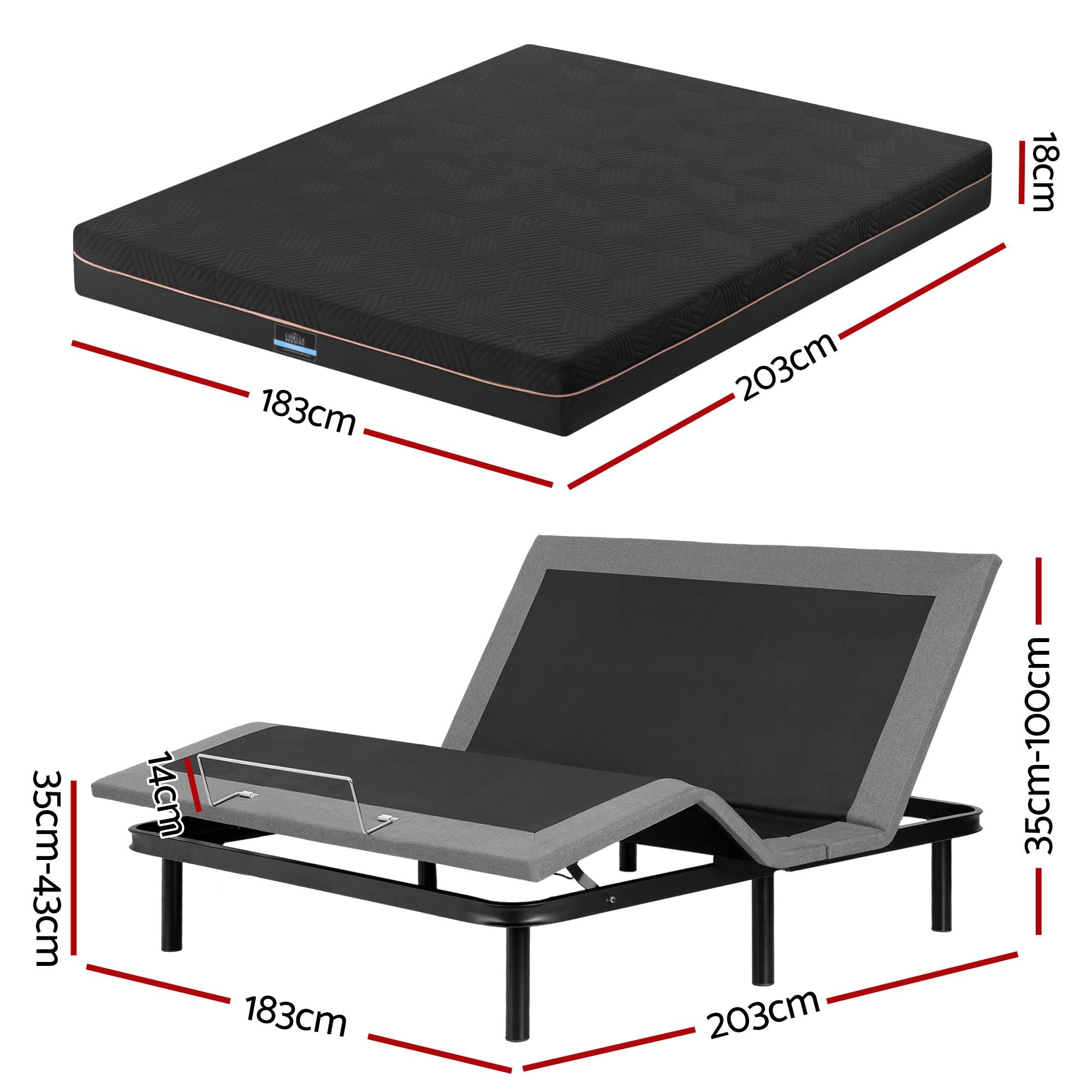 King size bed frame with Giselle Bedding King Mattress, adjustable bed Base Combo for Snoring Relief, Independent Head Foot Incline, Wireless Remote, Black,18cm Thickness