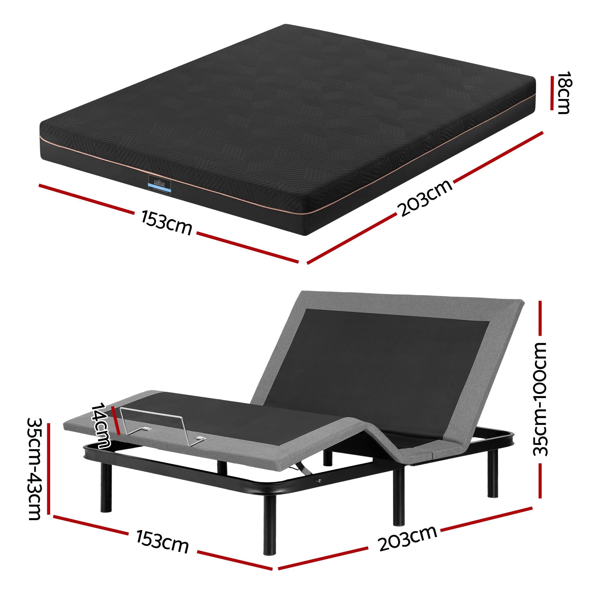 Queen size bed frame with Giselle Bedding Queen Mattress, adjustable bed Base Combo for Snoring Relief, Independent Head Foot Incline, Wireless Remote, Black,18cm Thickness