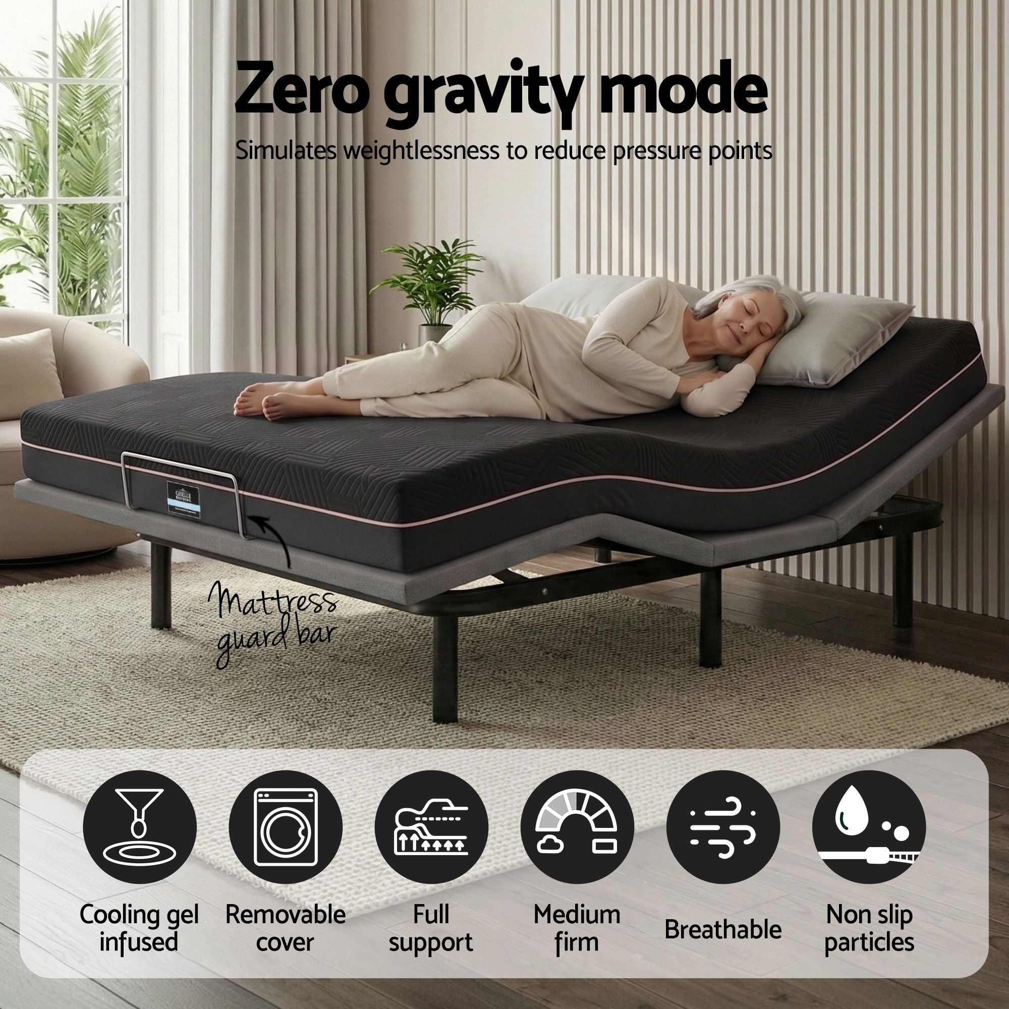 Queen size bed frame with Giselle Bedding Queen Mattress, adjustable bed Base Combo for Snoring Relief, Independent Head Foot Incline, Wireless Remote, Black,18cm Thickness