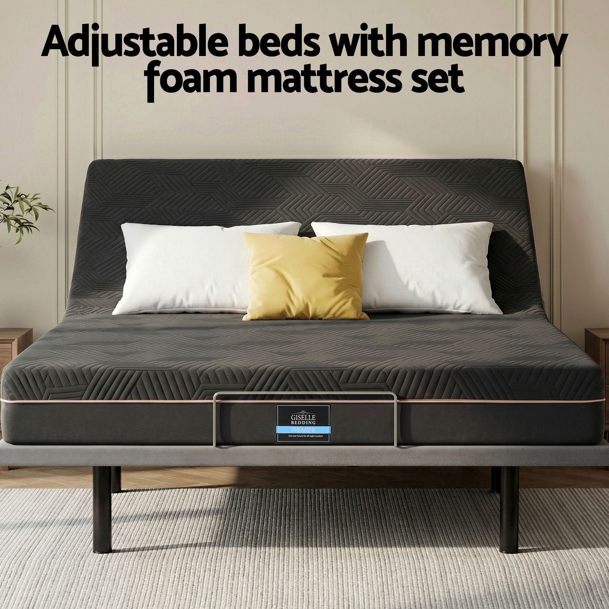 Queen size bed frame with Giselle Bedding Queen Mattress, adjustable bed Base Combo for Snoring Relief, Independent Head Foot Incline, Wireless Remote, Black,18cm Thickness