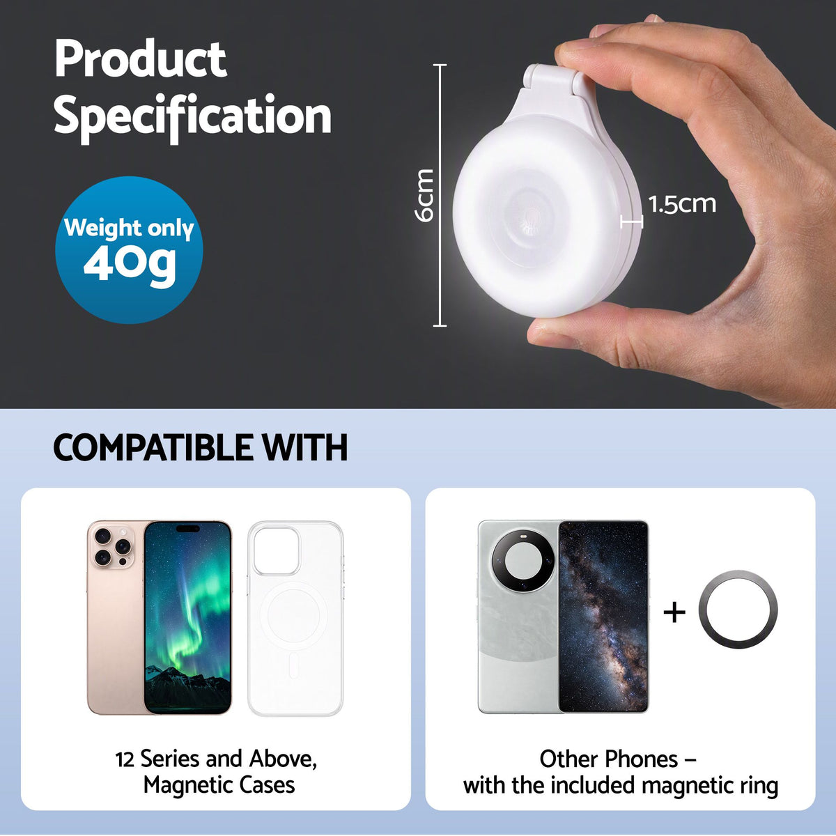 Magnetic Foldable LED Selfie Ring Light CRI95 - White
