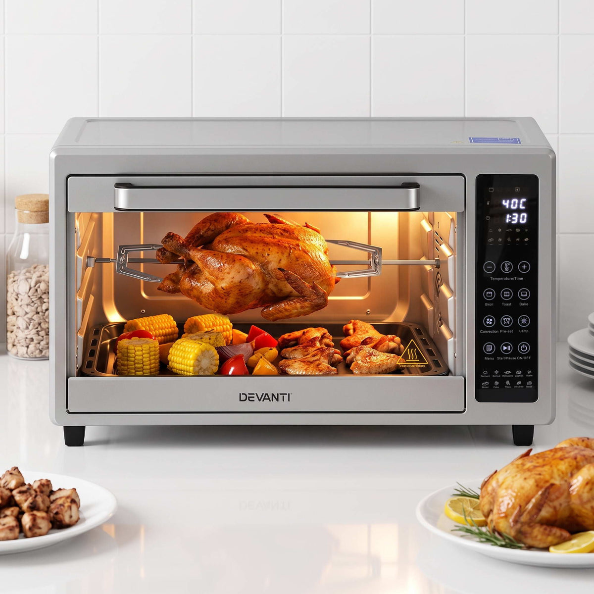 48L Convection Oven Electric Fryer Bake Grill 2000W Benchtop - Silver