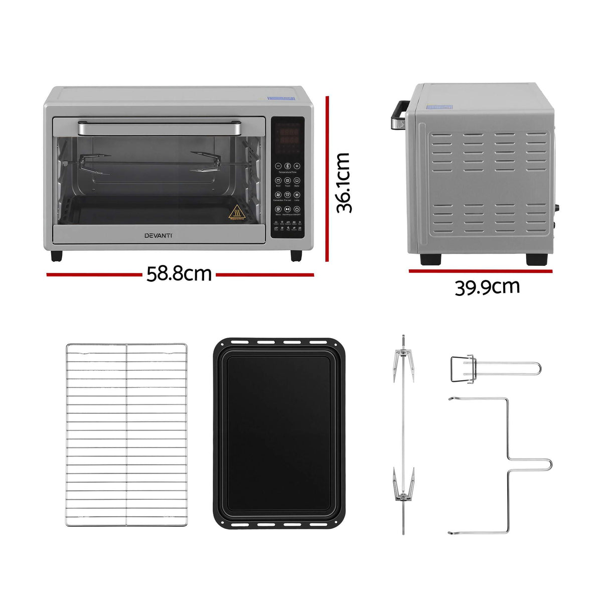 48L Convection Oven Electric Fryer Bake Grill 2000W Benchtop - Silver