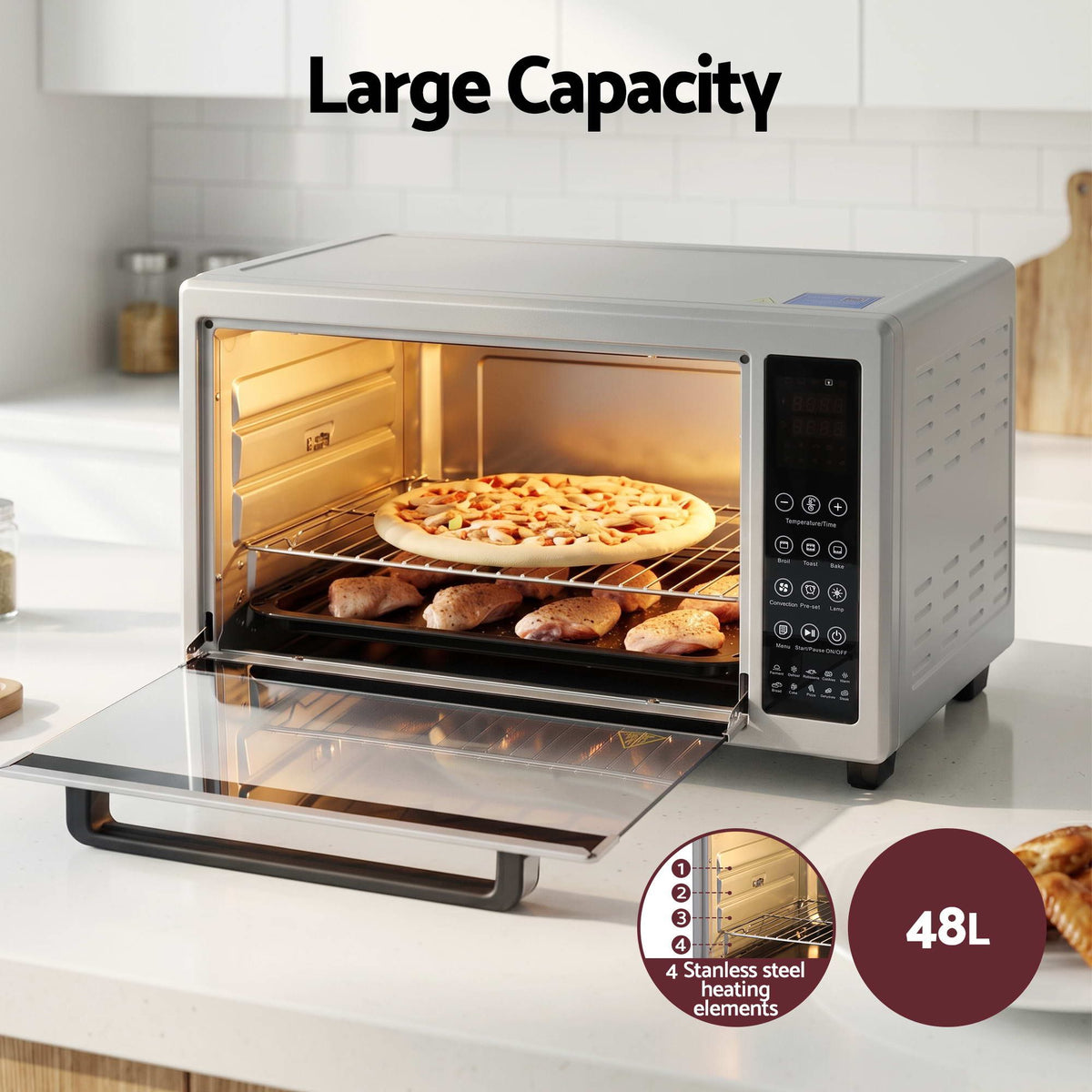 48L Convection Oven Electric Fryer Bake Grill 2000W Benchtop - Silver