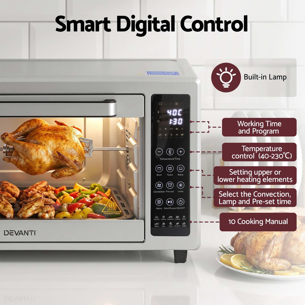 48L Convection Oven Electric Fryer Bake Grill 2000W Benchtop - Silver