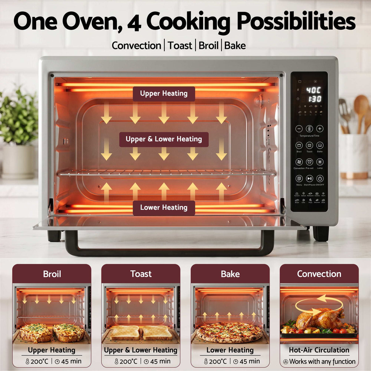 48L Convection Oven Electric Fryer Bake Grill 2000W Benchtop - Silver
