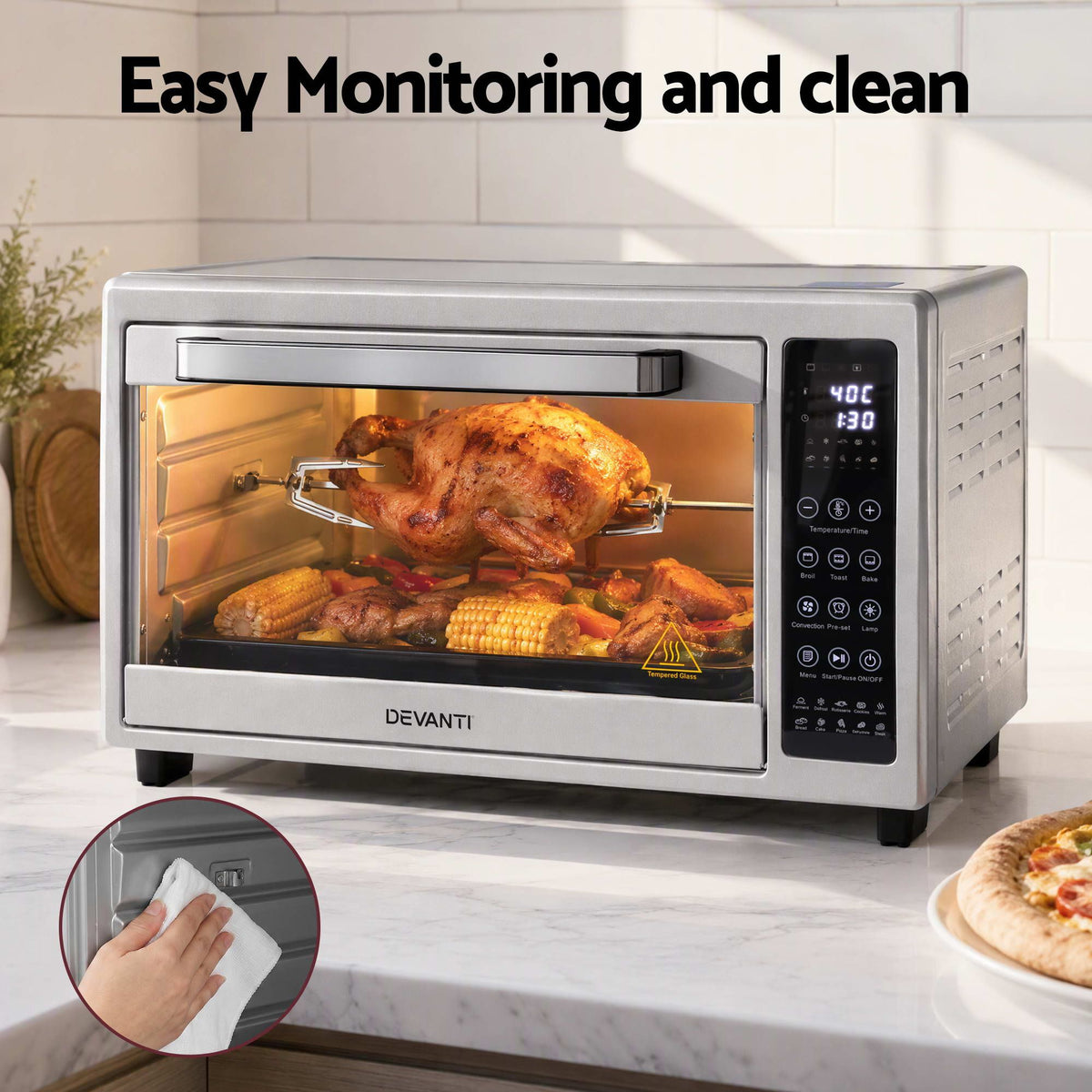 48L Convection Oven Electric Fryer Bake Grill 2000W Benchtop - Silver