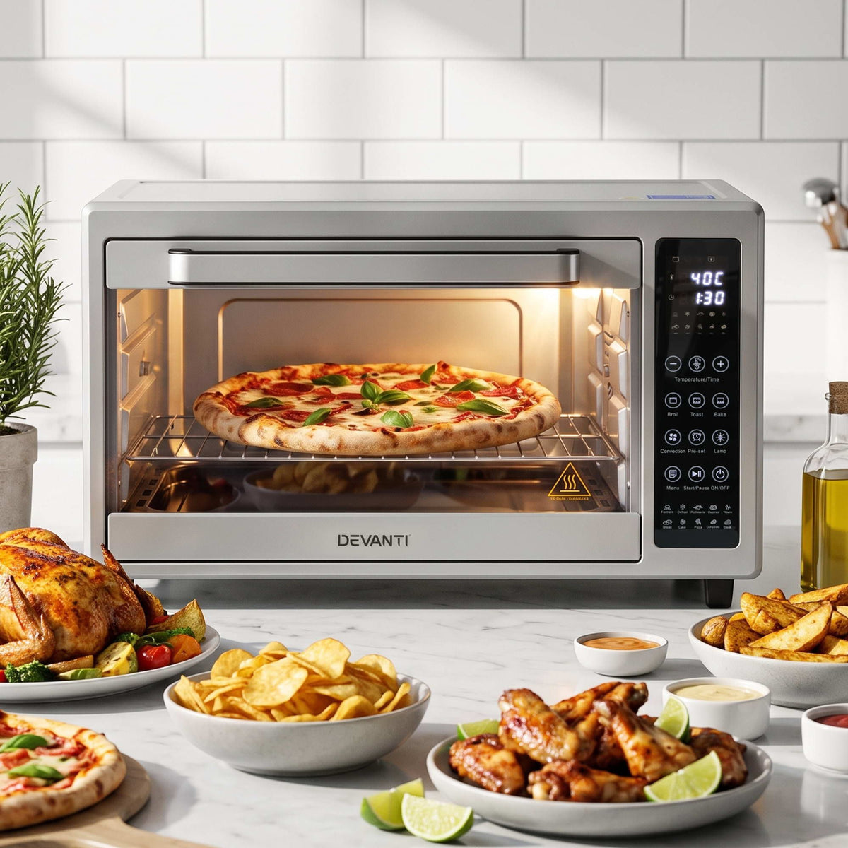 48L Convection Oven Electric Fryer Bake Grill 2000W Benchtop - Silver