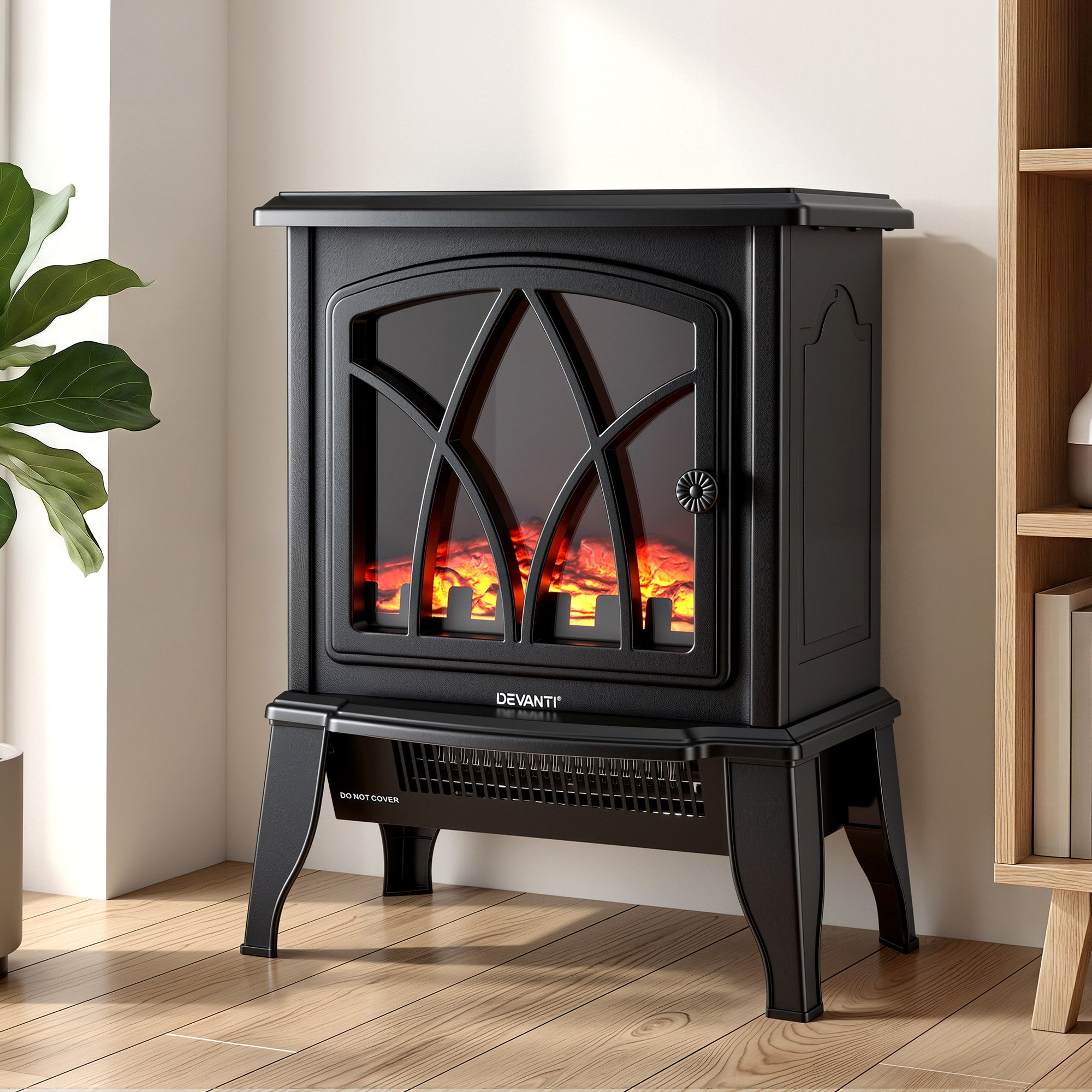 2000W Freestanding Electric Fireplace Heater with 3D Flame Effect - Black