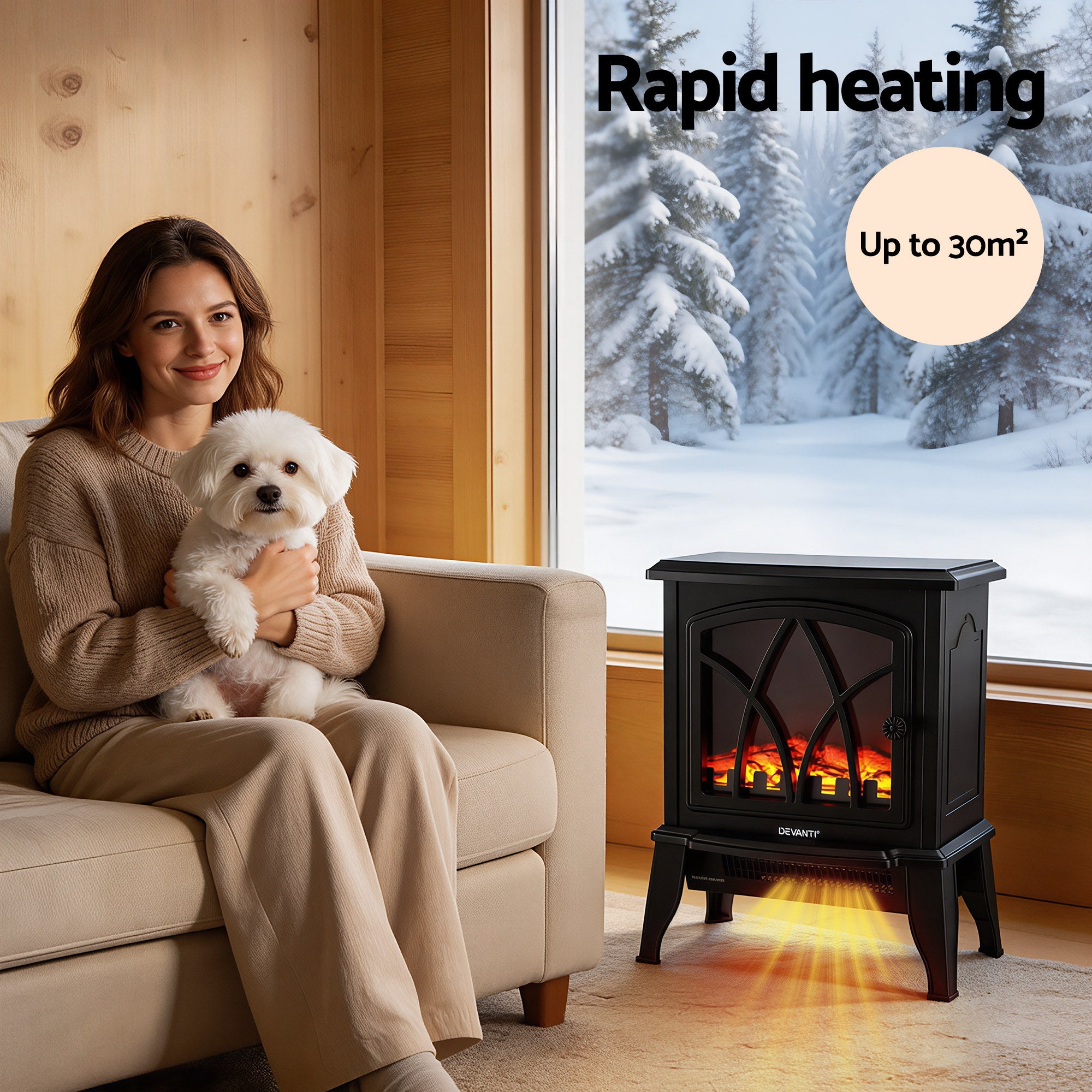 2000W Freestanding Electric Fireplace Heater with 3D Flame Effect - Black