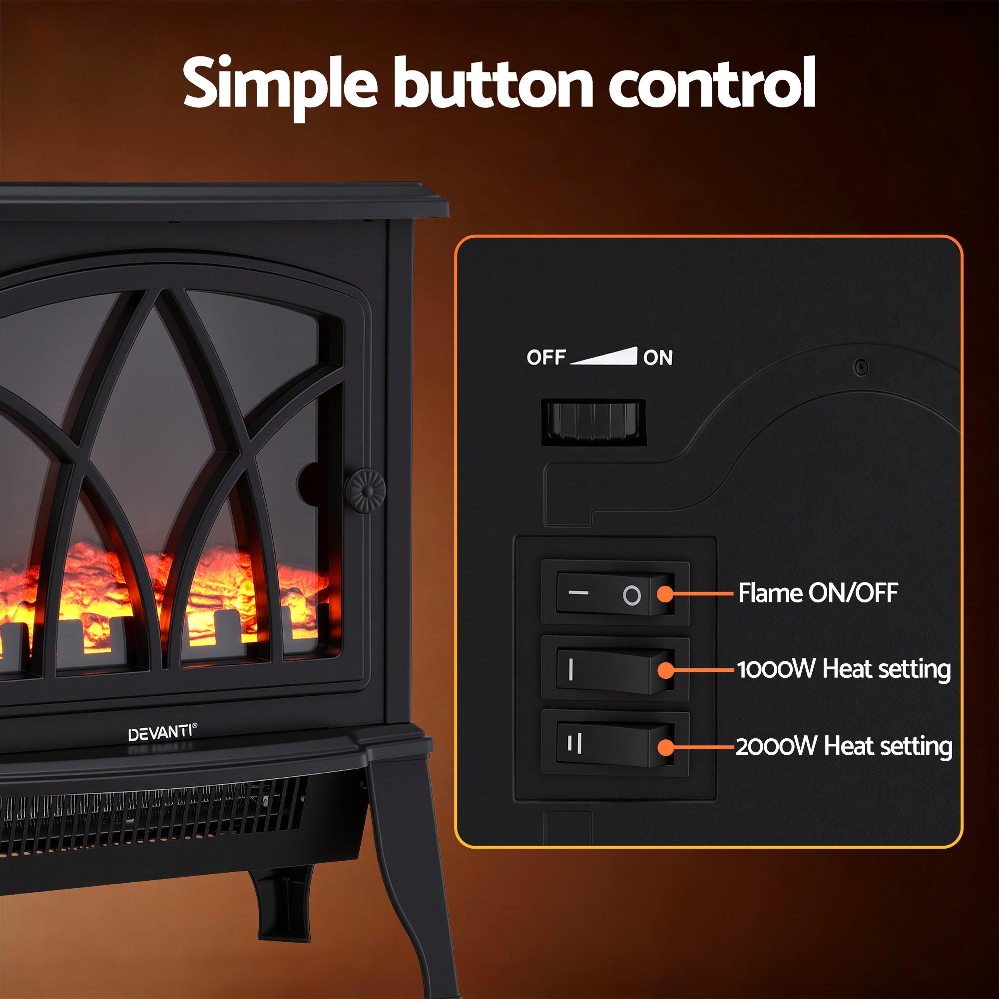 2000W Freestanding Electric Fireplace Heater with 3D Flame Effect - Black
