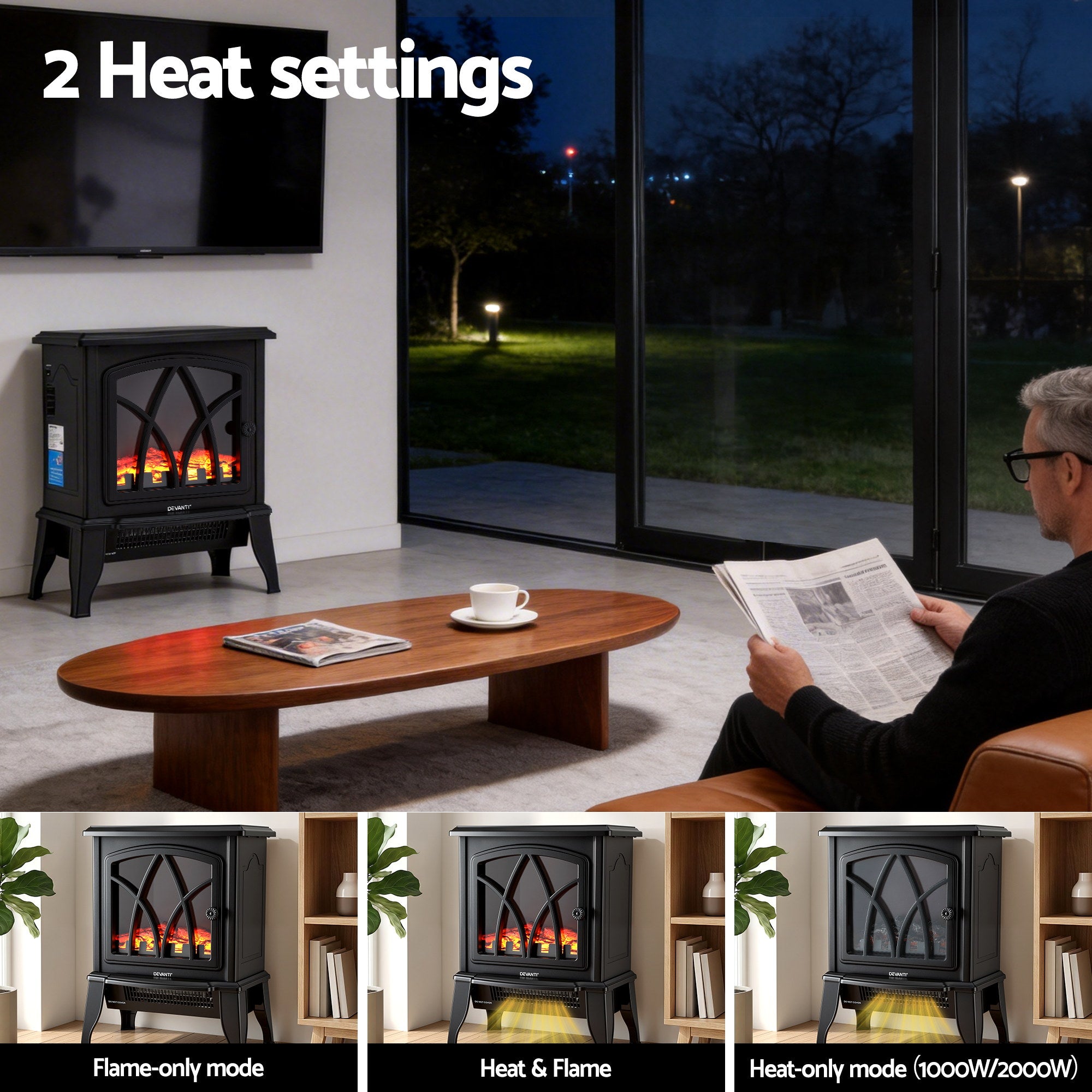 2000W Freestanding Electric Fireplace Heater with 3D Flame Effect - Black