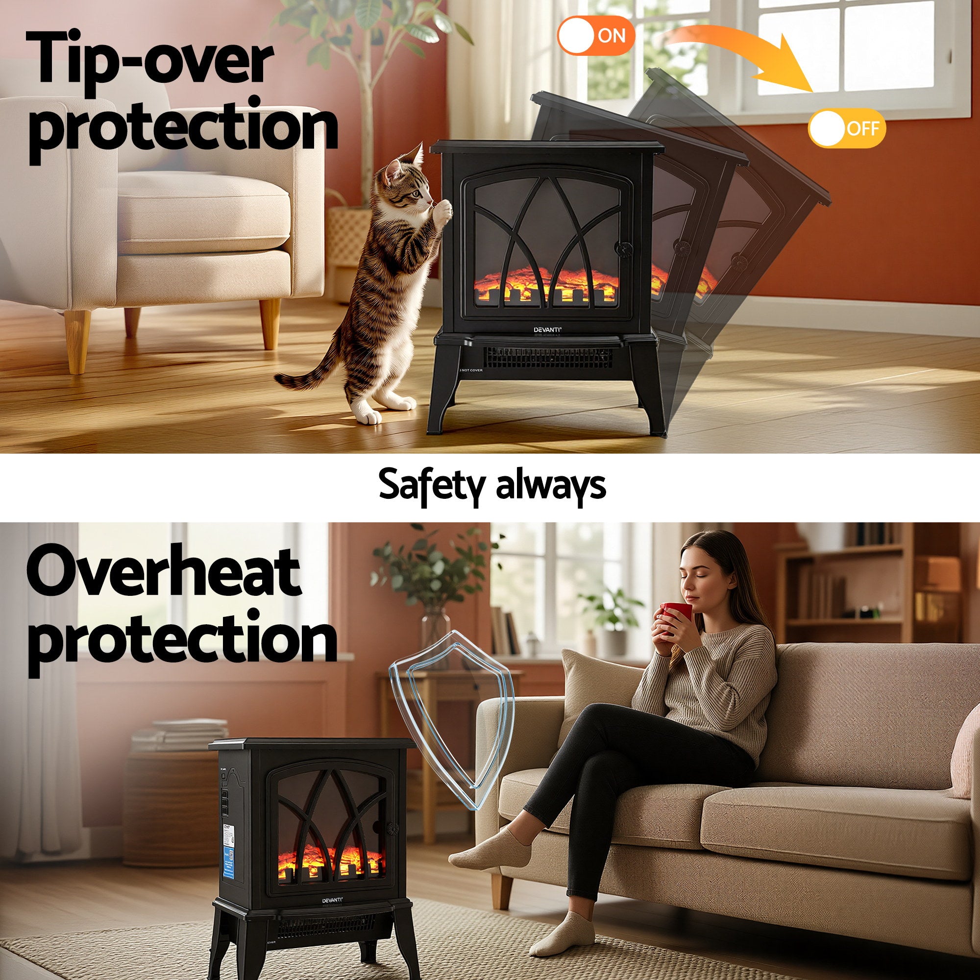 2000W Freestanding Electric Fireplace Heater with 3D Flame Effect - Black