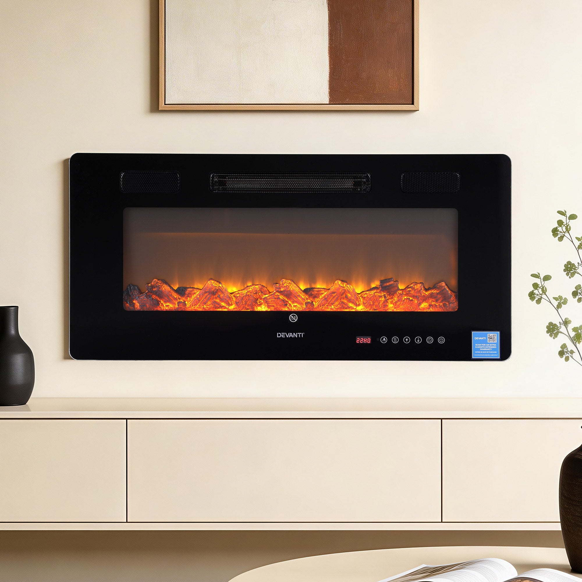Electric Fireplace Wall Mounted Insert 3D Flame 1800W with Remote Control - Black