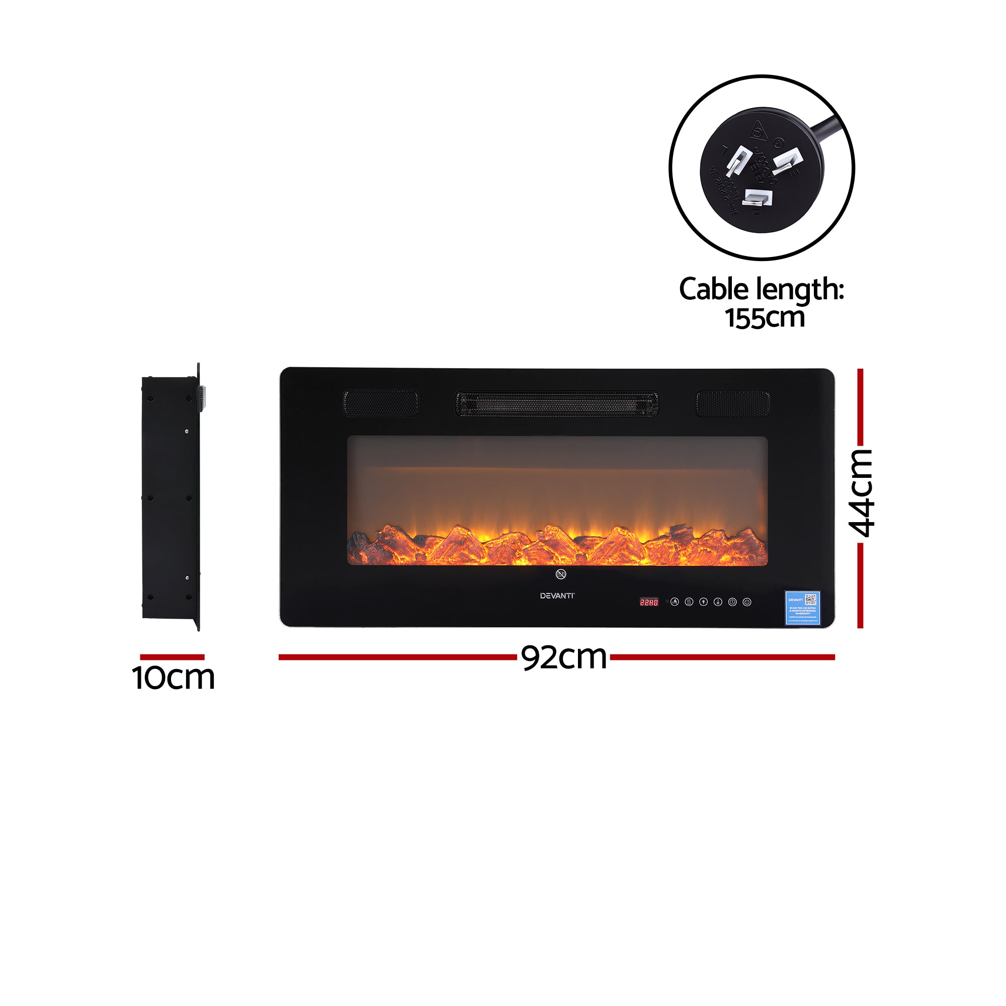Electric Fireplace Wall Mounted Insert 3D Flame 1800W with Remote Control - Black