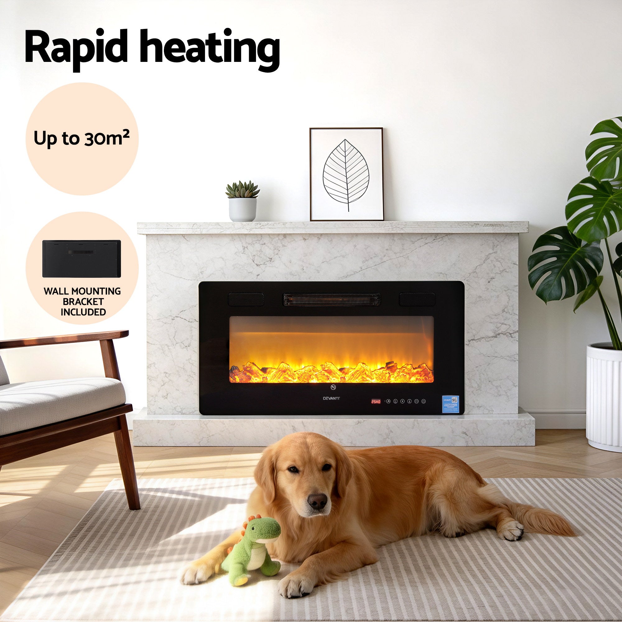 Electric Fireplace Wall Mounted Insert 3D Flame 1800W with Remote Control - Black