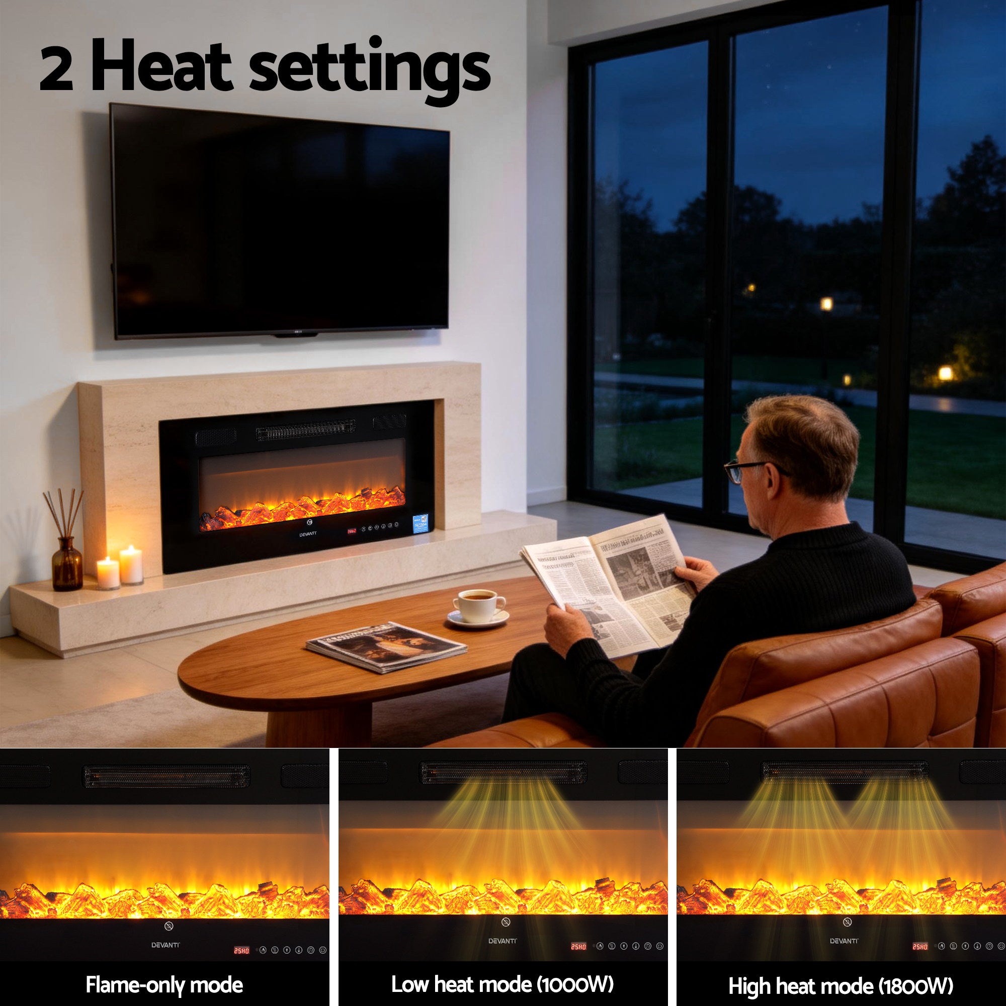 Electric Fireplace Wall Mounted Insert 3D Flame 1800W with Remote Control - Black