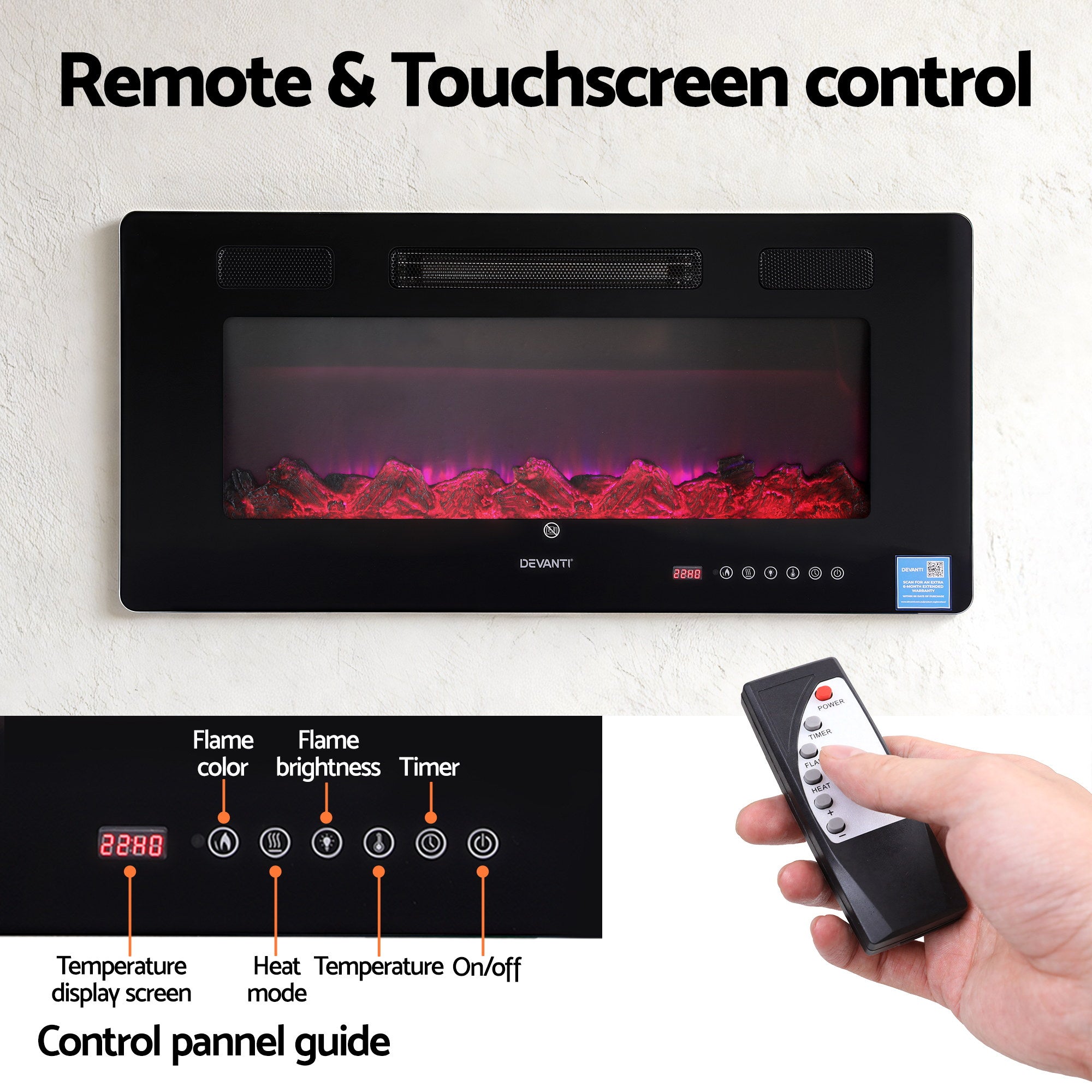 Electric Fireplace Wall Mounted Insert 3D Flame 1800W with Remote Control - Black