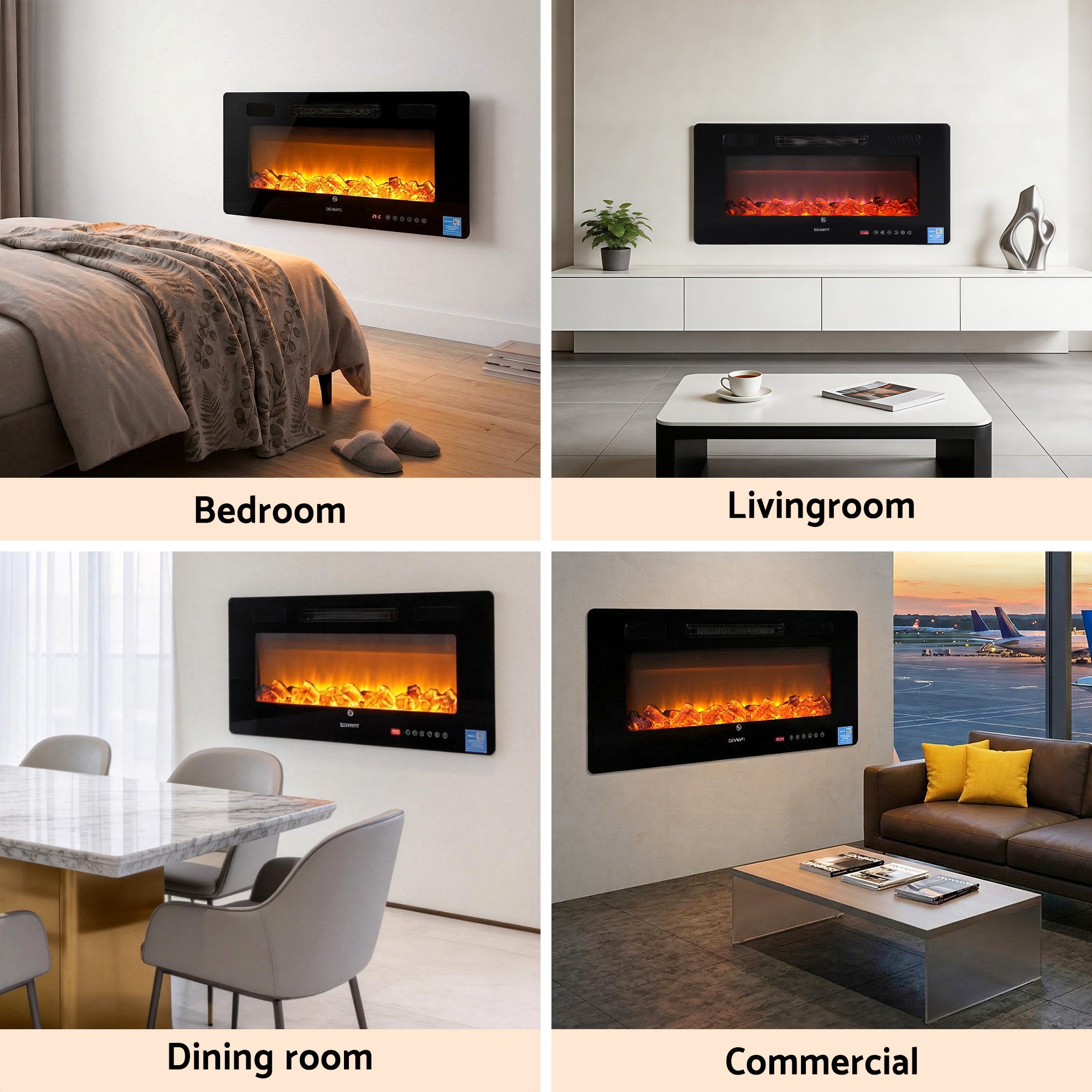 Electric Fireplace Wall Mounted Insert 3D Flame 1800W with Remote Control - Black
