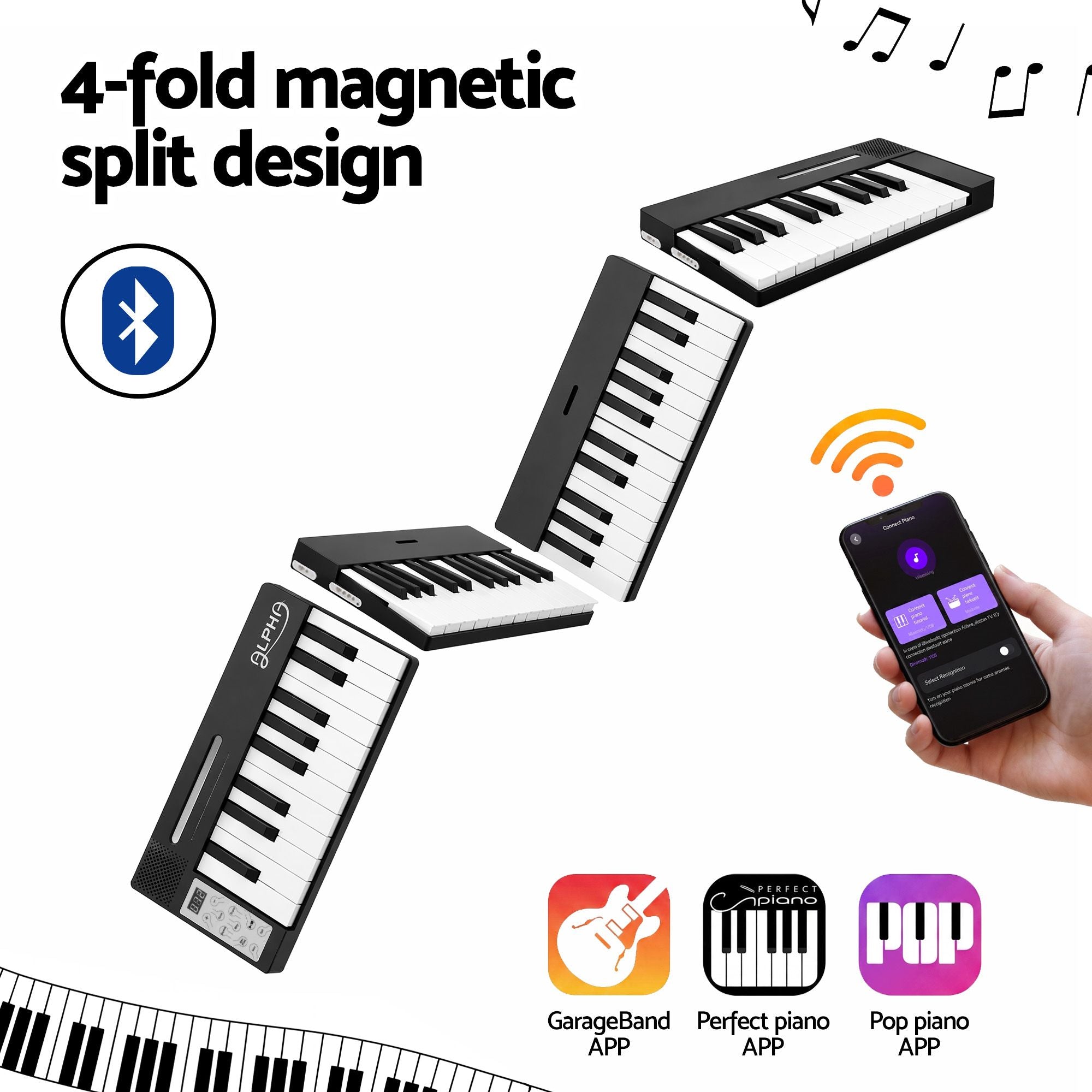 88 Key Quad Folding Electronic Keyboard Digital Piano Portable MIDI Bluetooth Black