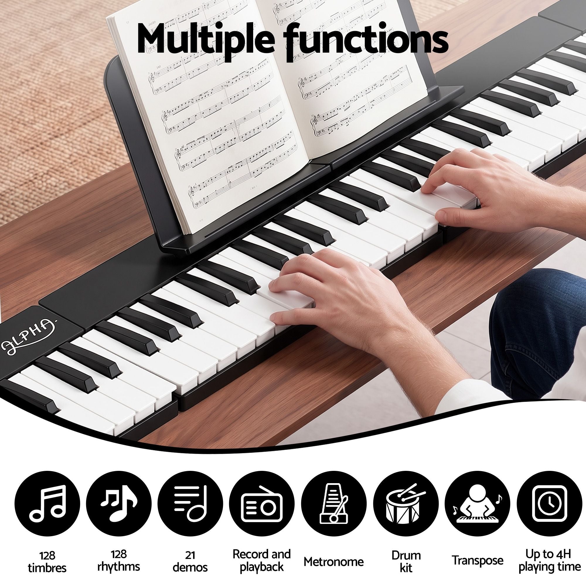 88 Key Quad Folding Electronic Keyboard Digital Piano Portable MIDI Bluetooth Black