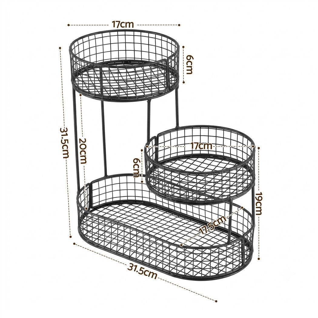 3-Tier Space Saving Fruit Basket Bowl Kitchen Food Storage Organiser - Black
