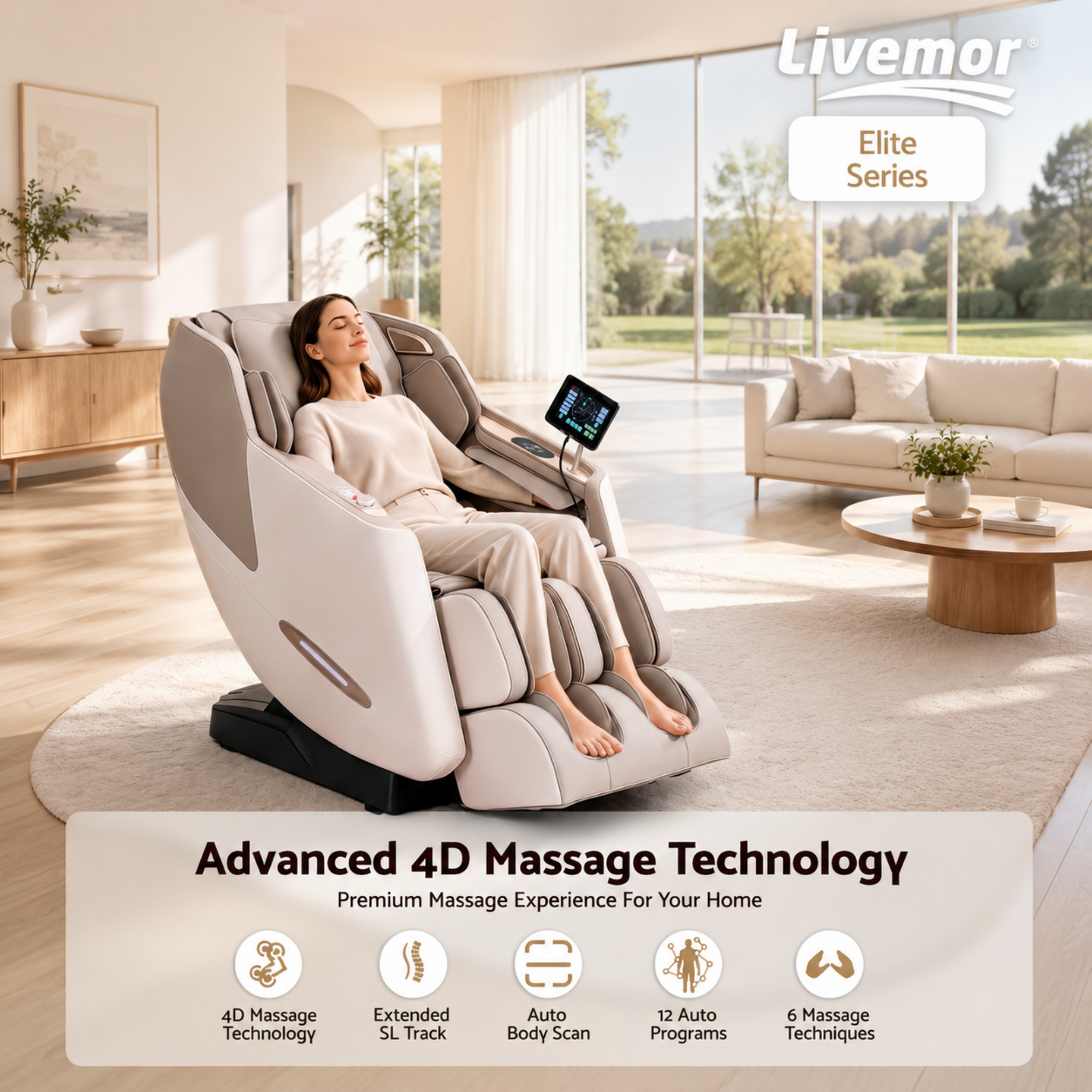 Elite 4D Massage Chair Recliner, SL Track Zero Gravity & Heat Auto Body Scan, 12 Auto Programs, 3 Zero-G Positions, Foot Rollers, Airbag Compression, Bluetooth Speaker, Wireless Charging