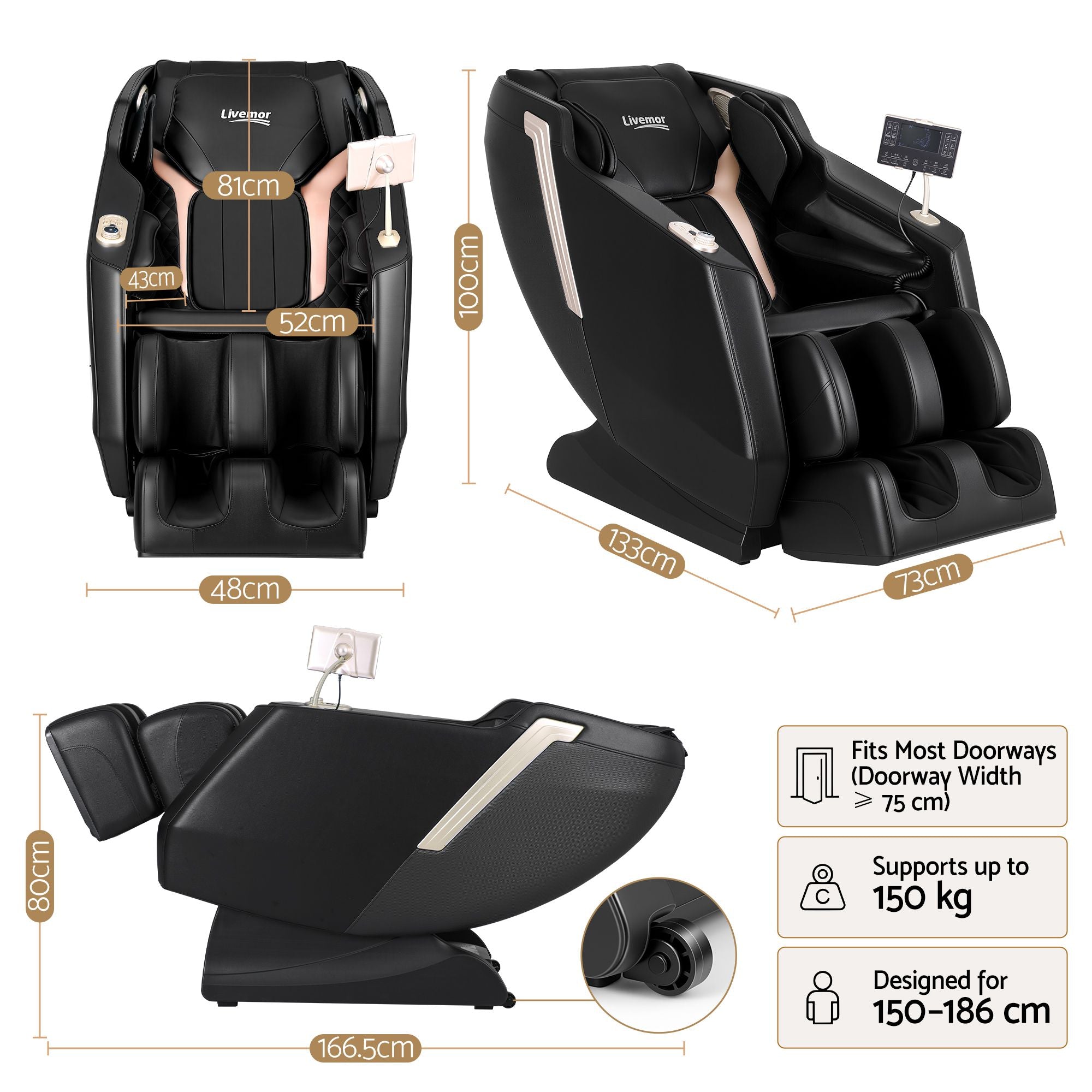 Flex Massage Chair Full Body Zero Gravity Recliner with Heat, 24 Airbags, Foot Massage, 6 Auto Programs, Voice Control, Bluetooth Speakers, Screen Control, Extendable Footrest - Black