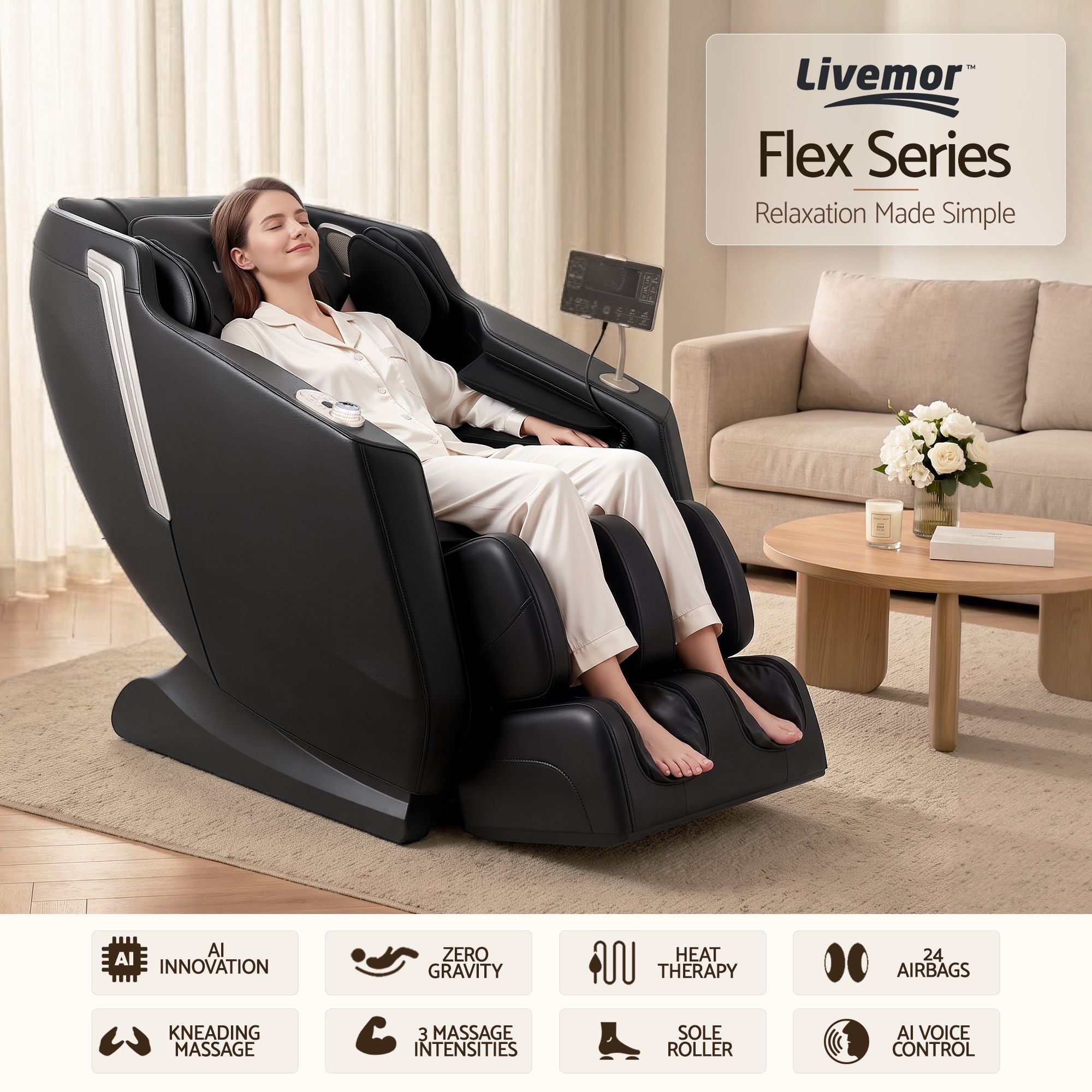 Flex Massage Chair Full Body Zero Gravity Recliner with Heat, 24 Airbags, Foot Massage, 6 Auto Programs, Voice Control, Bluetooth Speakers, Screen Control, Extendable Footrest - Black