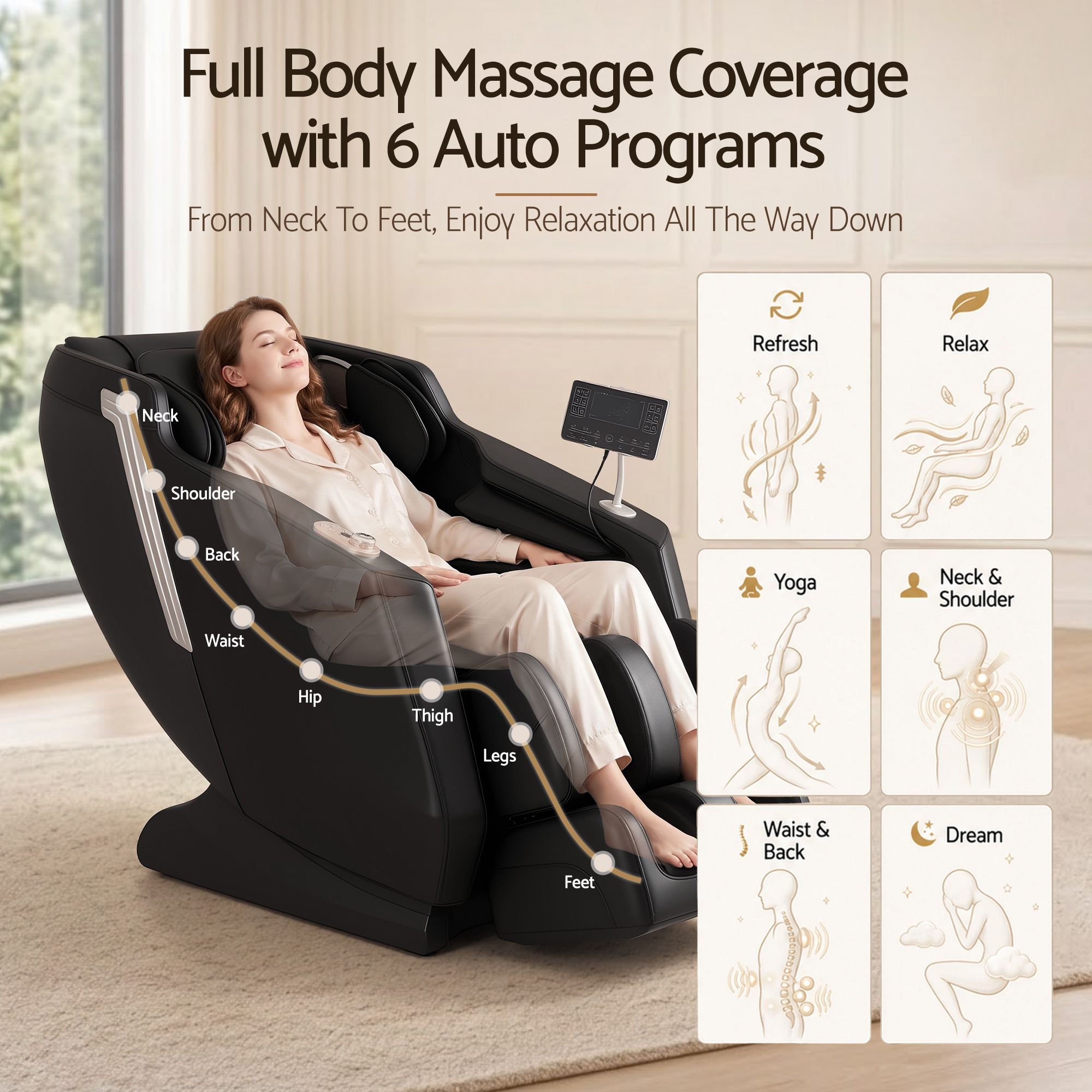Flex Massage Chair Full Body Zero Gravity Recliner with Heat, 24 Airbags, Foot Massage, 6 Auto Programs, Voice Control, Bluetooth Speakers, Screen Control, Extendable Footrest - Black