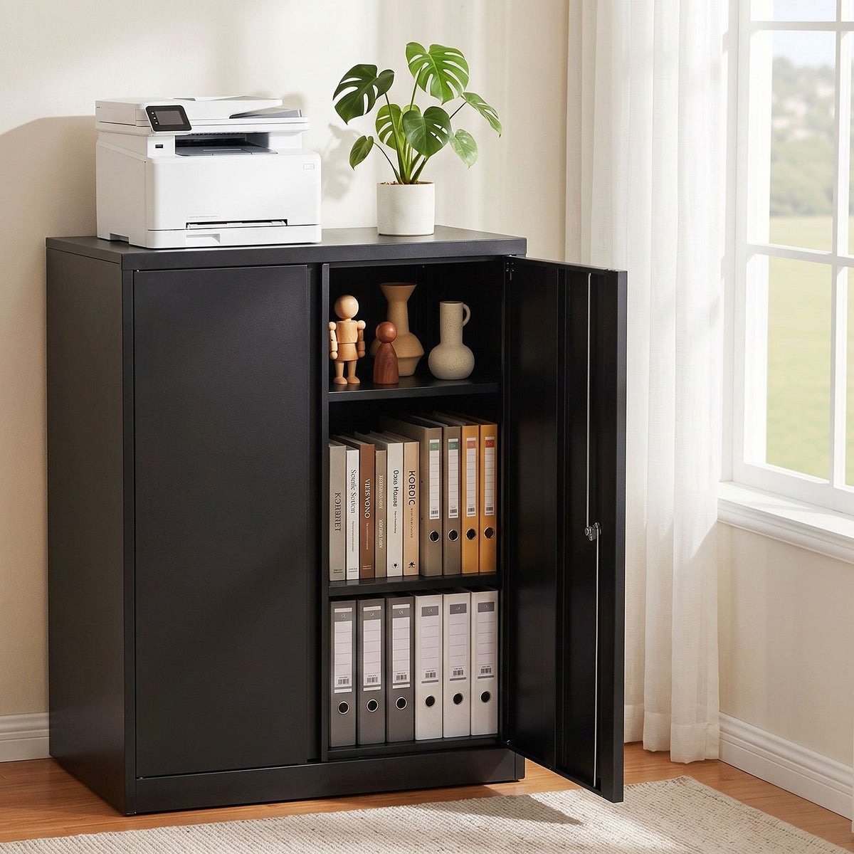 100cm Steel Locker Cabinet with 3-Point Lock and 2 Adjustable Shelves - Black
