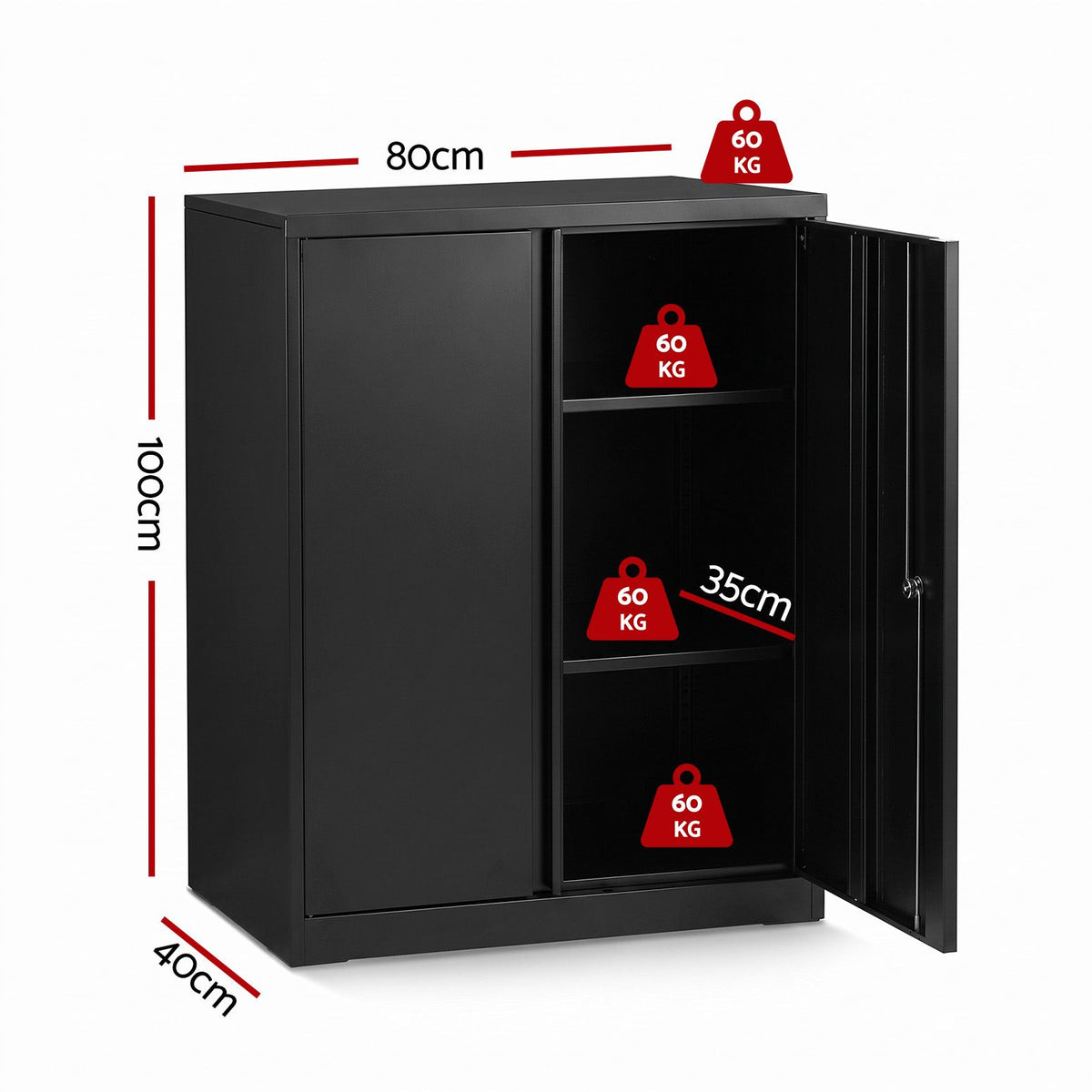 100cm Steel Locker Cabinet with 3-Point Lock and 2 Adjustable Shelves - Black