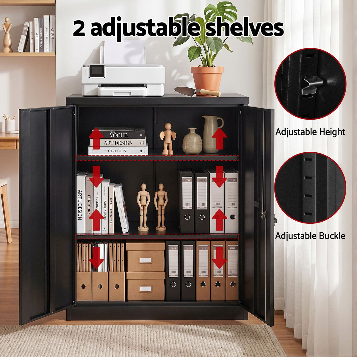 100cm Steel Locker Cabinet with 3-Point Lock and 2 Adjustable Shelves - Black