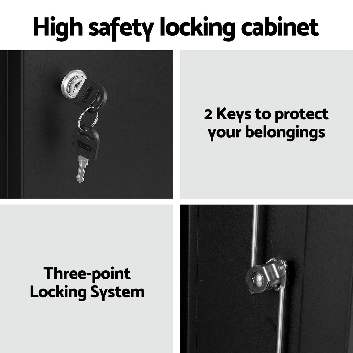 100cm Steel Locker Cabinet with 3-Point Lock and 2 Adjustable Shelves - Black
