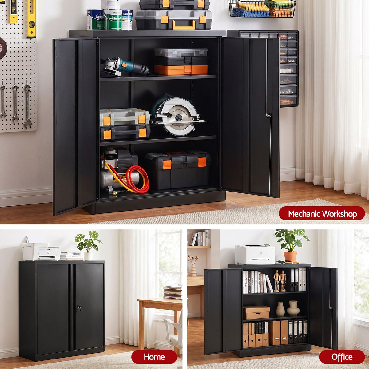 100cm Steel Locker Cabinet with 3-Point Lock and 2 Adjustable Shelves - Black