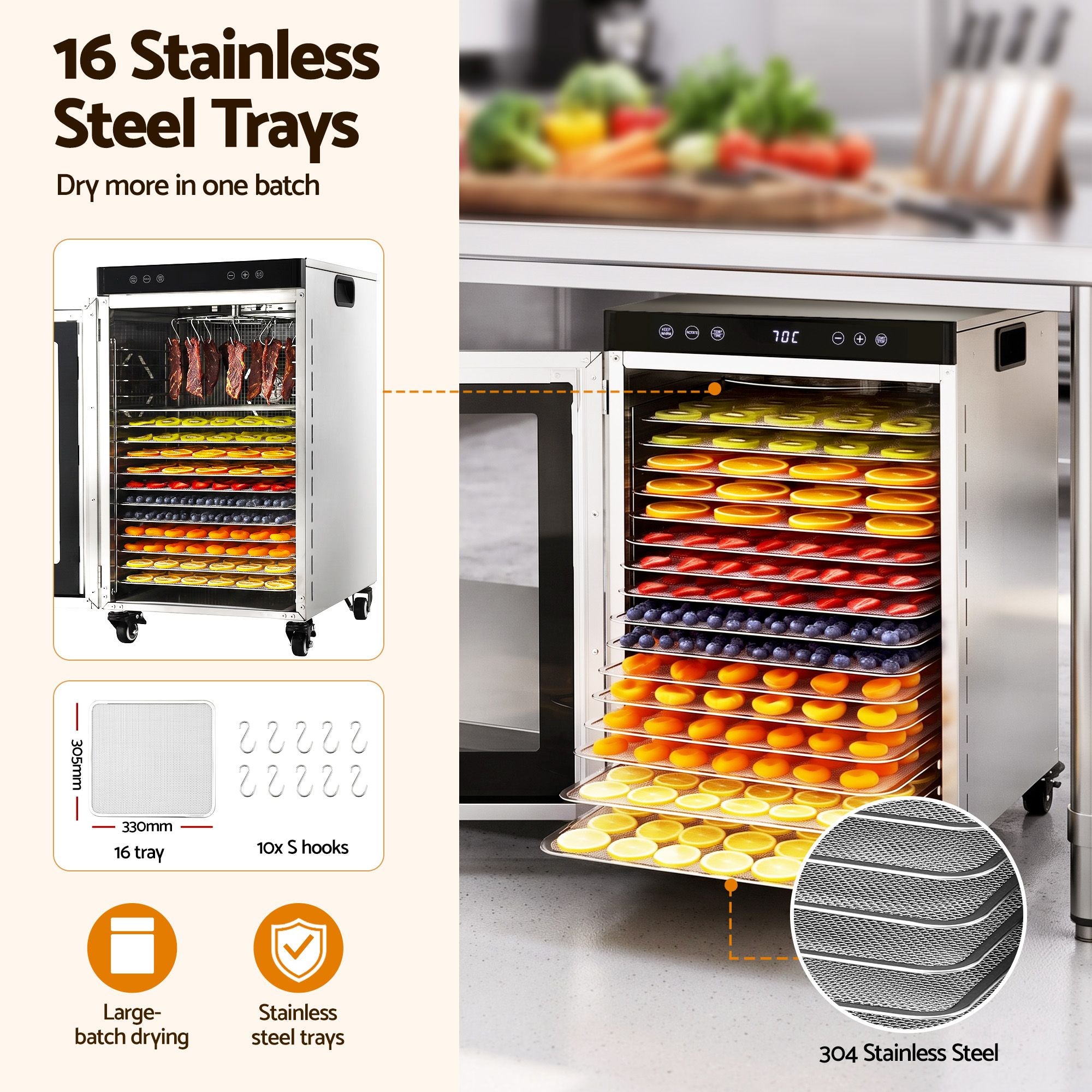 Food Dehydrator Stainless Steel Fruit Dryer 16 Tray Silver