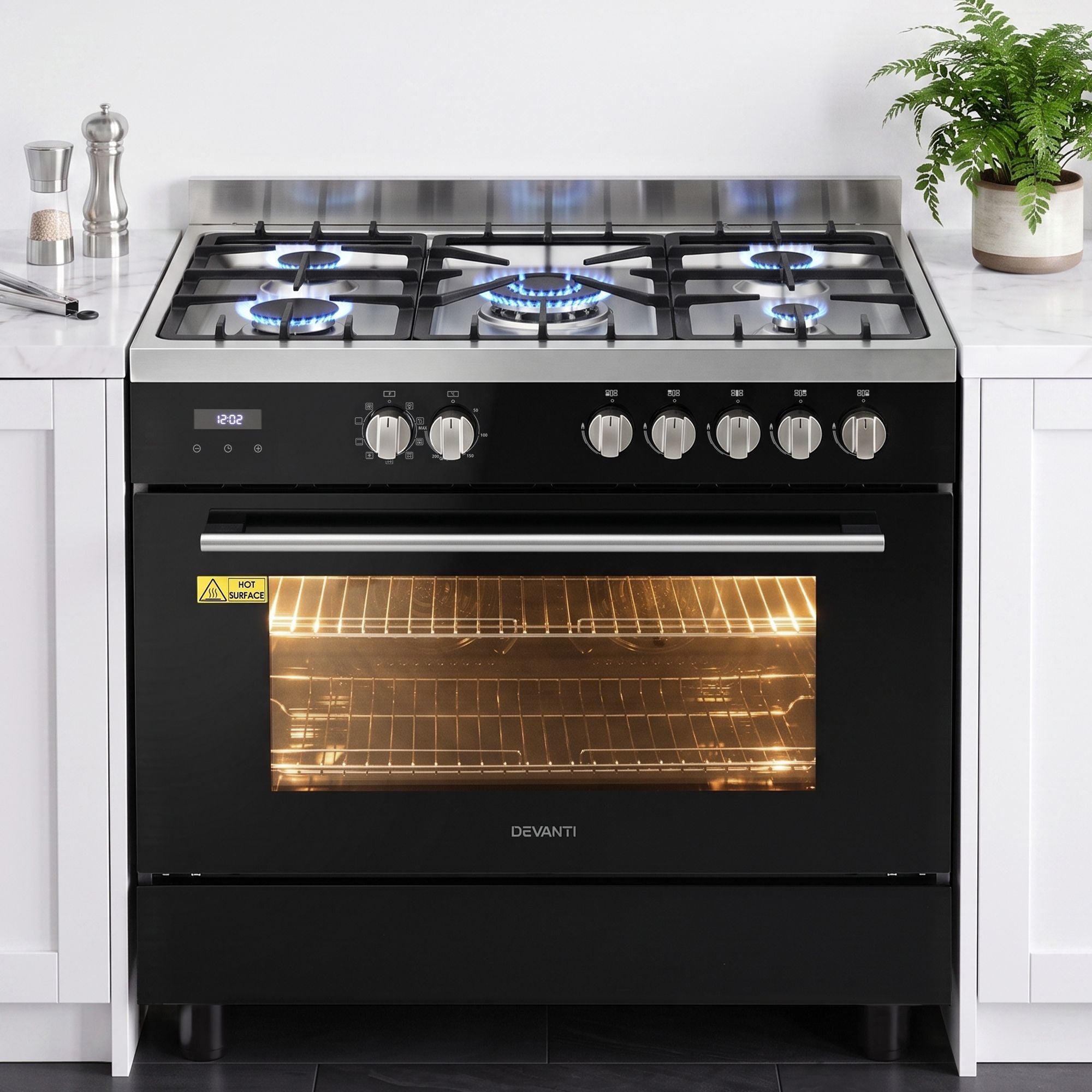 90cm Dual Fuel Freestanding Cooker 5 Burner Gas Cooktop Electric Oven - Black and Stainless Steel