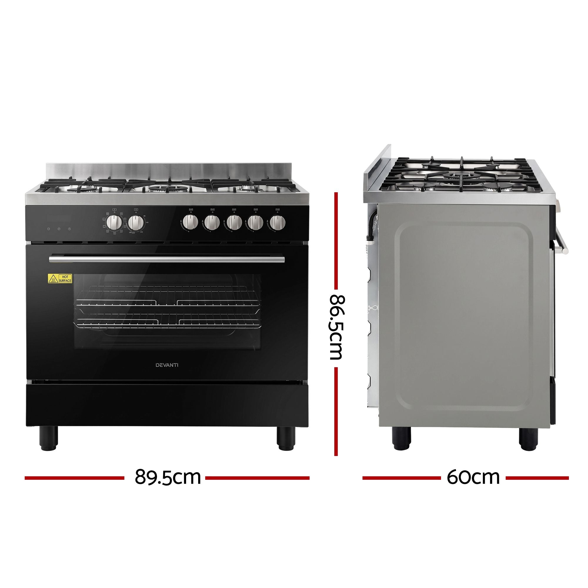 90cm Dual Fuel Freestanding Cooker 5 Burner Gas Cooktop Electric Oven - Black and Stainless Steel