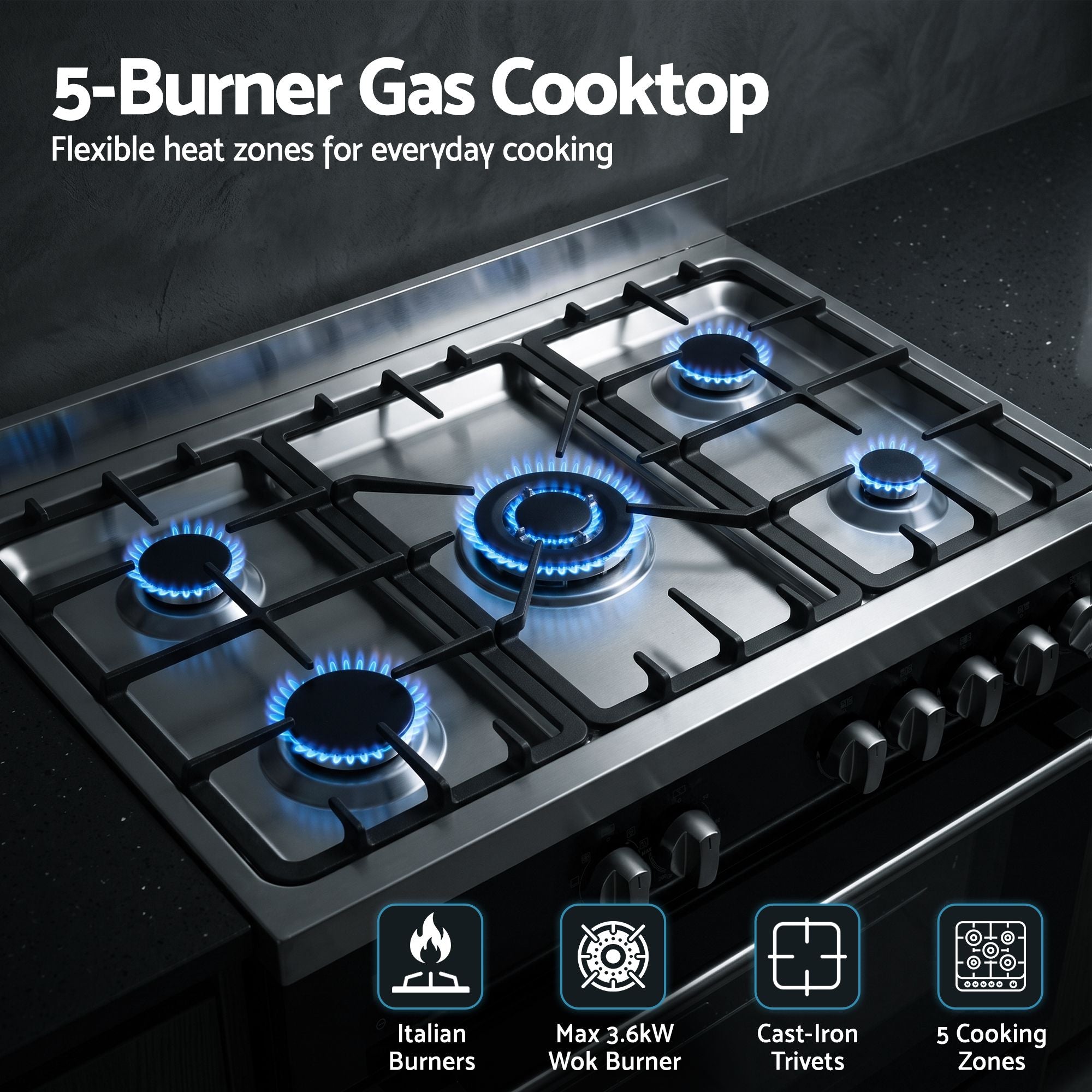 90cm Dual Fuel Freestanding Cooker 5 Burner Gas Cooktop Electric Oven - Black and Stainless Steel