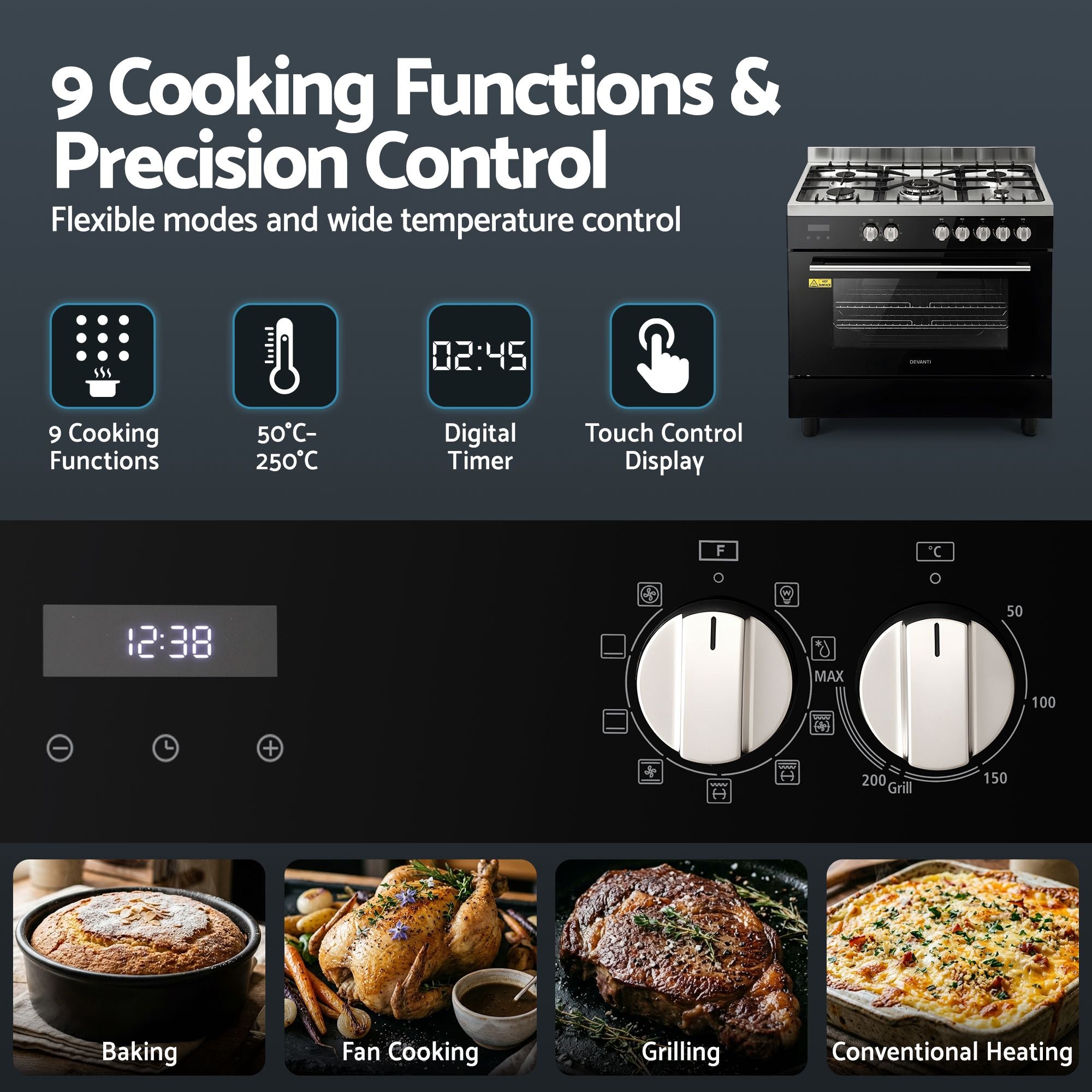 90cm Dual Fuel Freestanding Cooker 5 Burner Gas Cooktop Electric Oven - Black and Stainless Steel