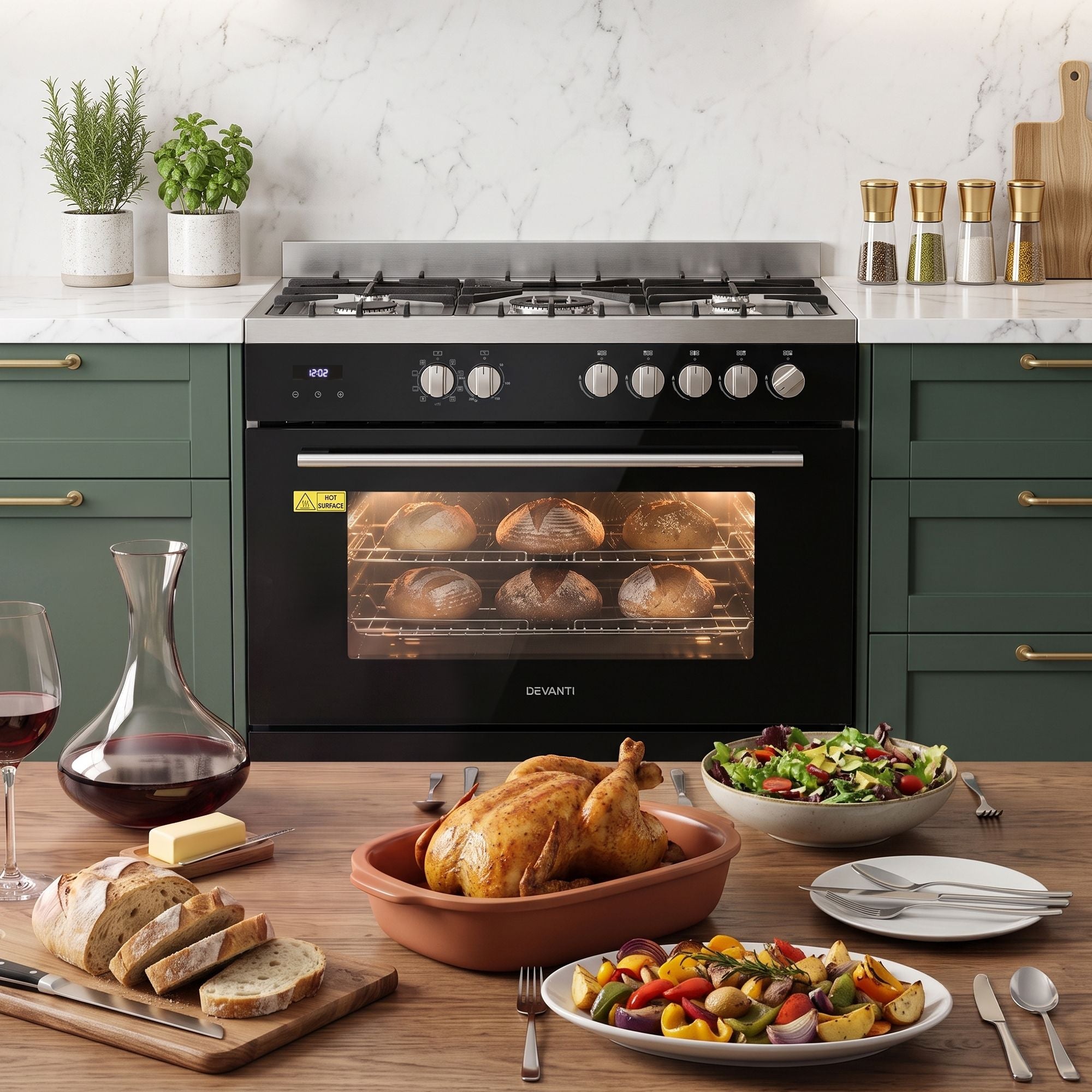 90cm Dual Fuel Freestanding Cooker 5 Burner Gas Cooktop Electric Oven - Black and Stainless Steel