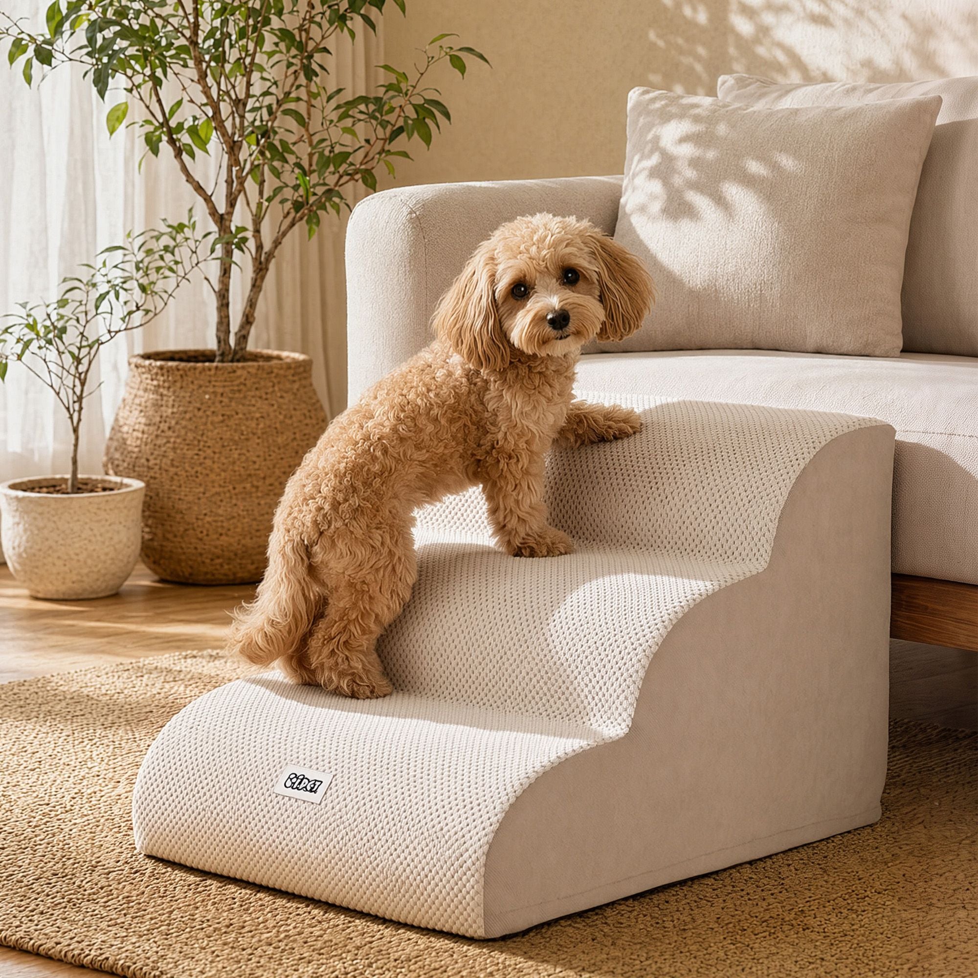 Dog Ramp 3 Tier Foam Steps with Washable Cover for Bed and Sofa - Beige