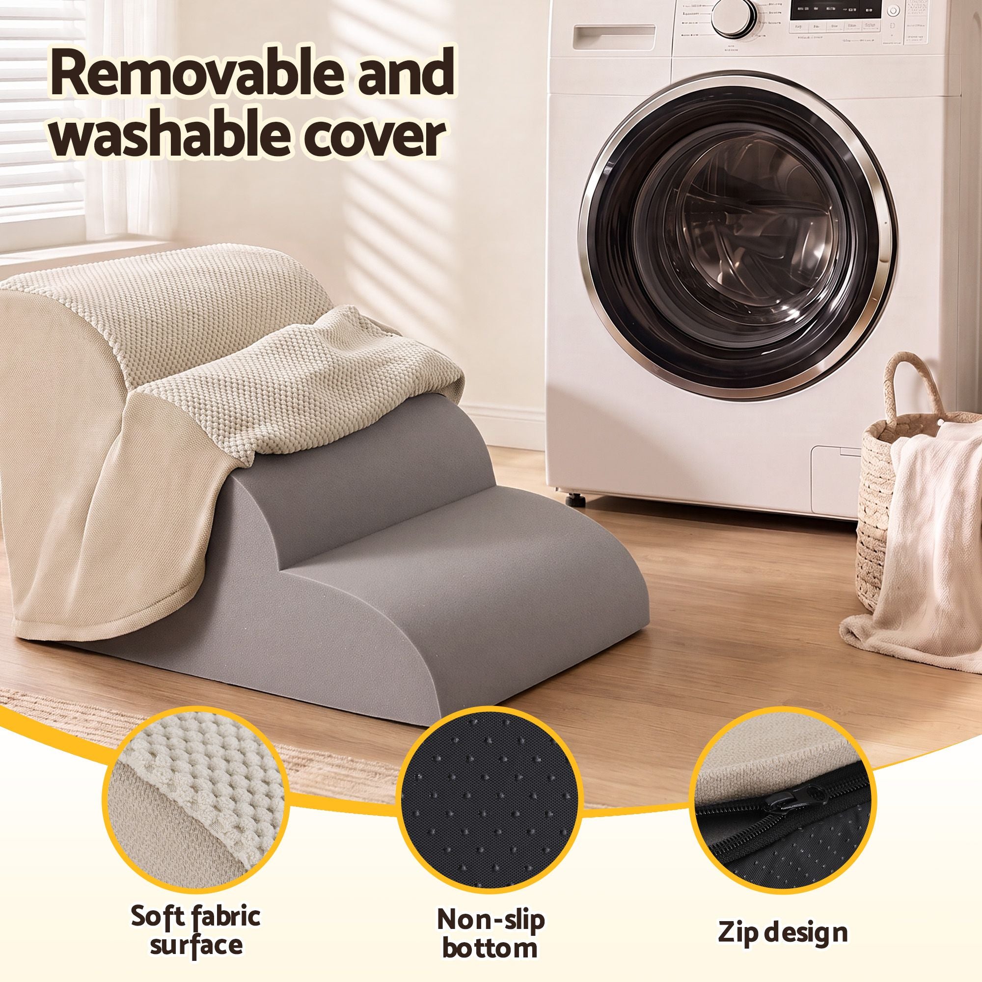 Dog Ramp 3 Tier Foam Steps with Washable Cover for Bed and Sofa - Beige