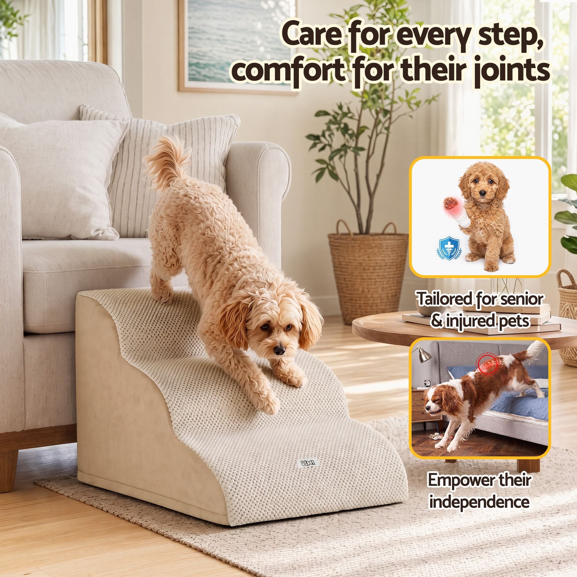 Dog Ramp 3 Tier Foam Steps with Washable Cover for Bed and Sofa - Beige