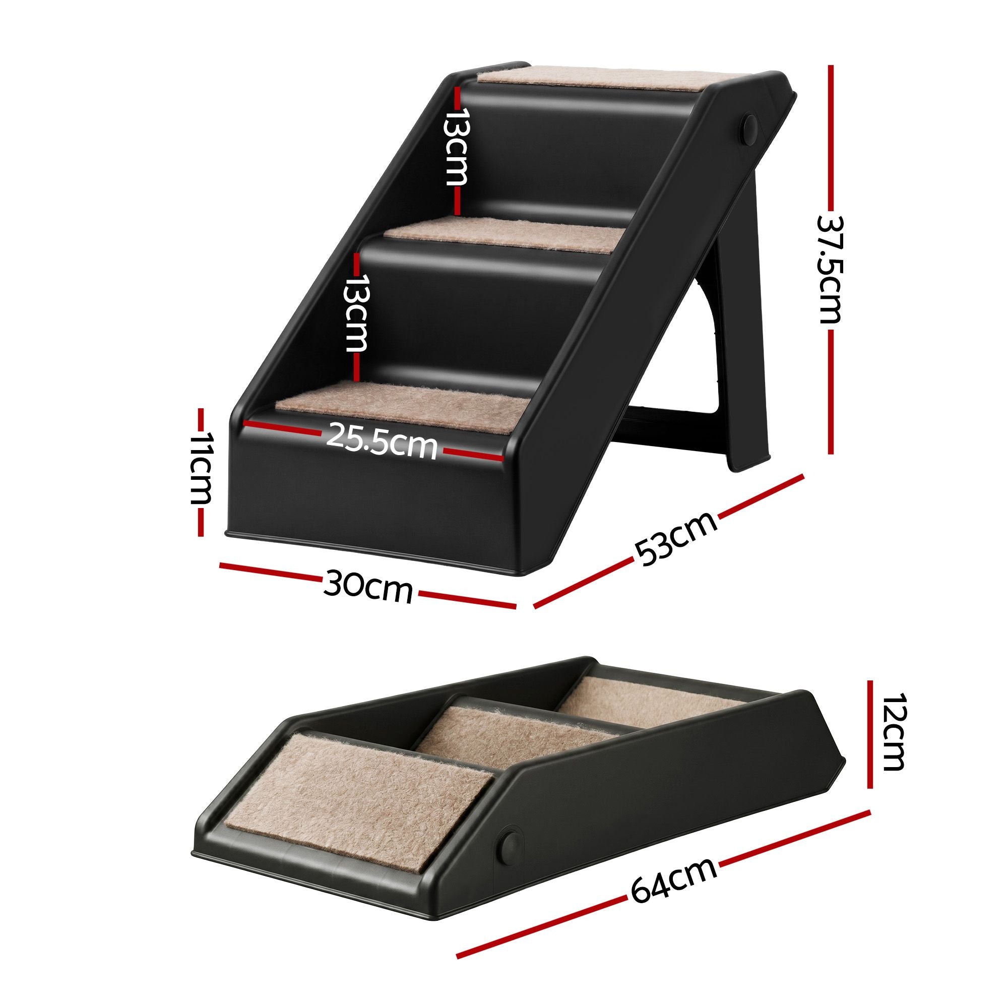 Dog Ramp 3-Step Foldable Pet Stairs for Bed Sofa Car Ladder - Black