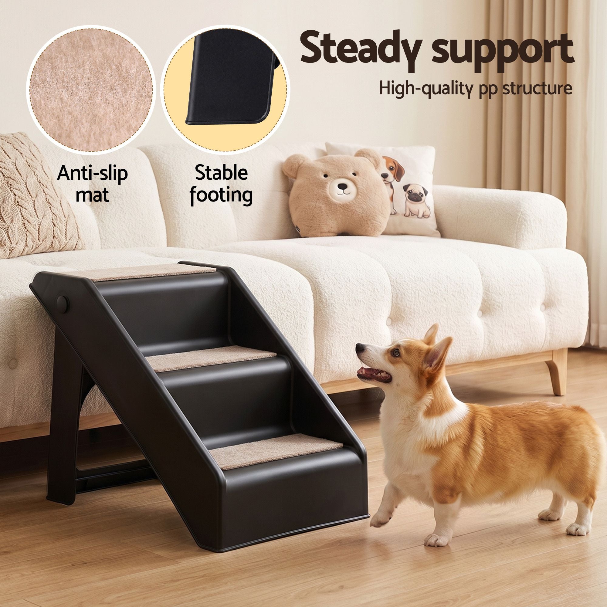 Dog Ramp 3-Step Foldable Pet Stairs for Bed Sofa Car Ladder - Black