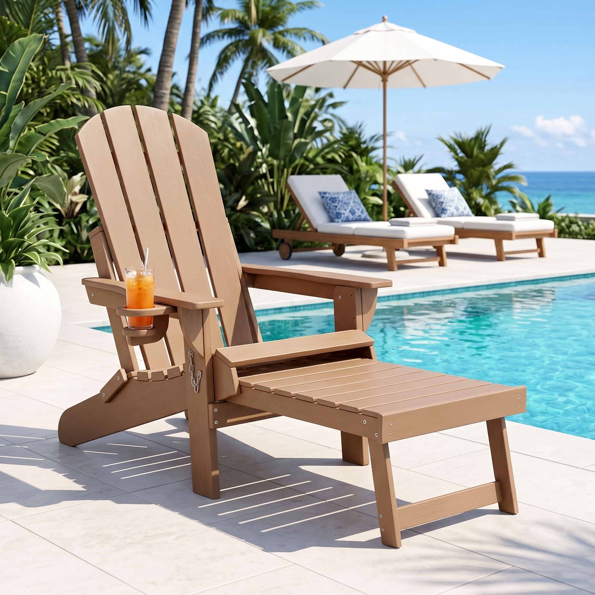 Folding Adirondack Sun Lounger with Recliner and Footrest HDPE - Khaki