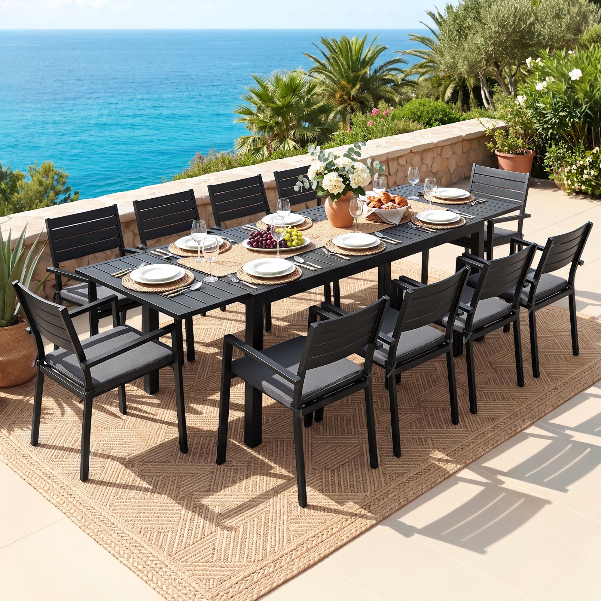 Outdoor Dining Set 11PCS Aluminum Extendable Table and Chairs Patio Furniture Black