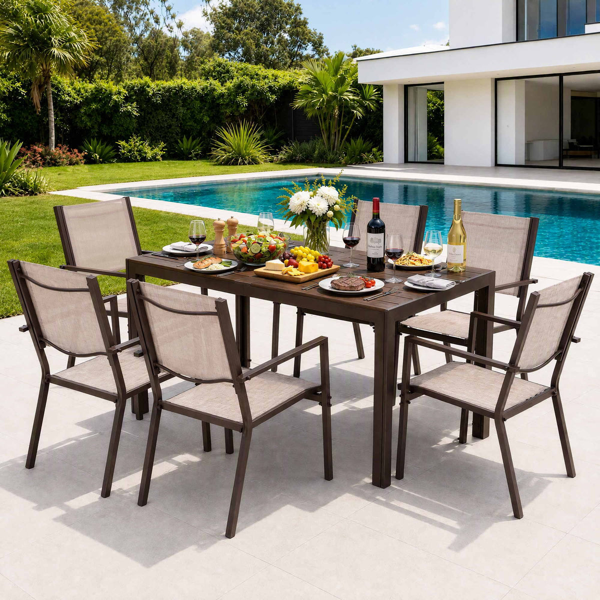 7-Piece Outdoor Dining Set with Table and Chairs for Patio and Garden - Coffee